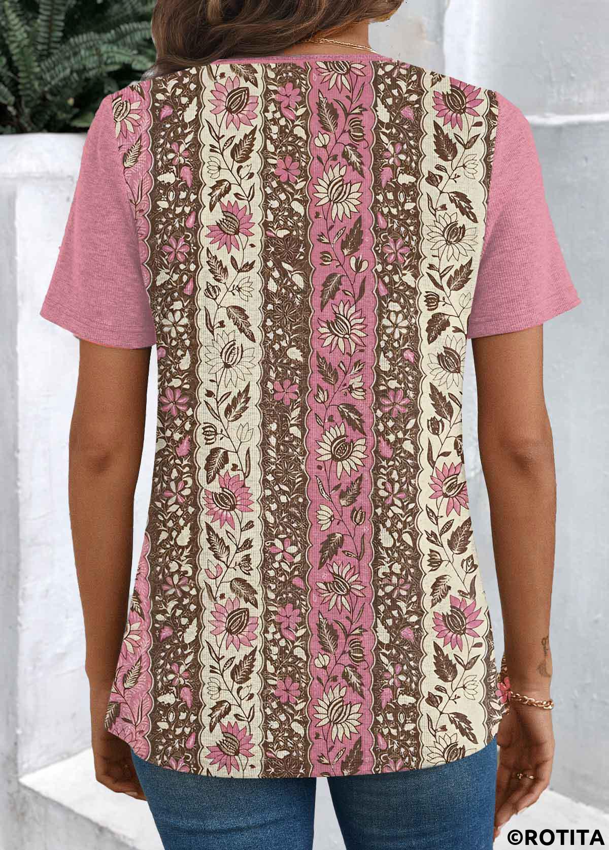 Pink tops,Floral tops,Plants tops,Tribal tops,ROTITA Patchwork Floral Print Pink V Neck T Shirt
