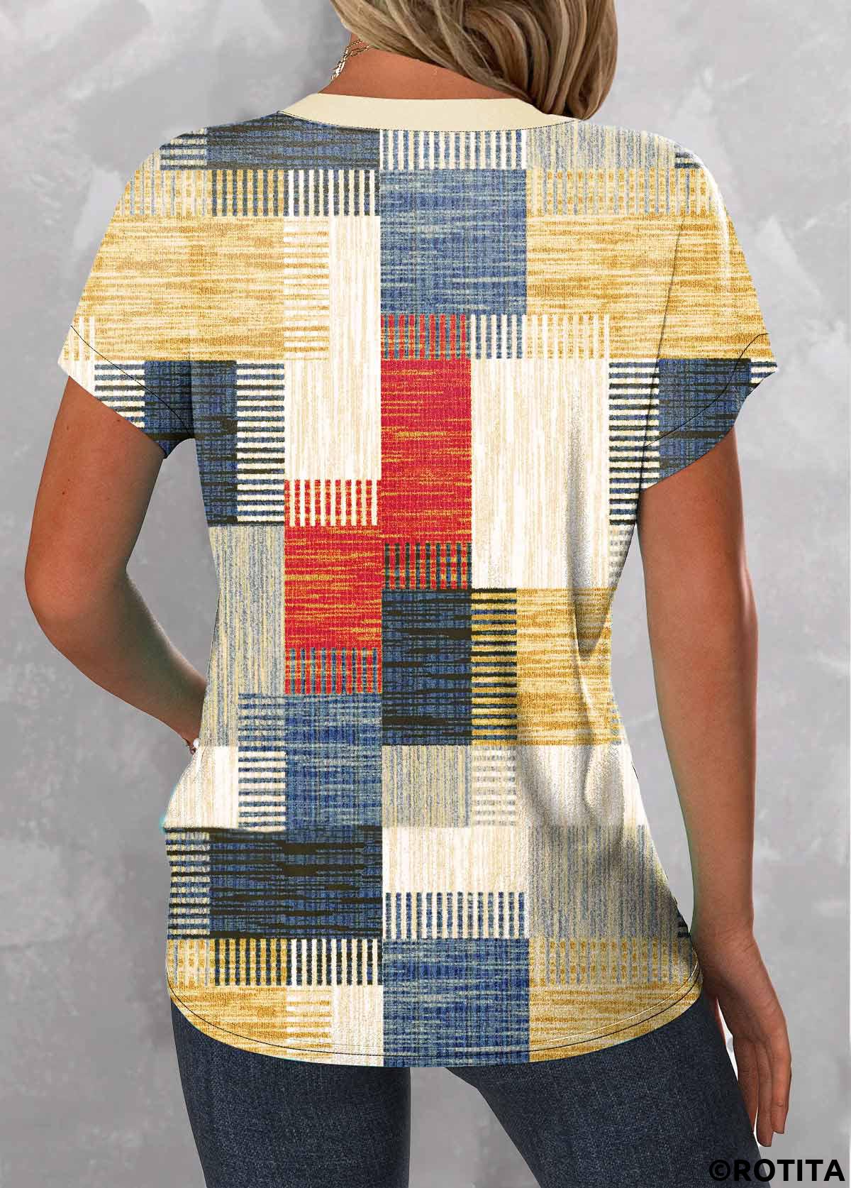 Mehrfarbige Rotita-Patchwork-Bluse mit geometrischem Aufdruck und geteiltem Ausschnitt