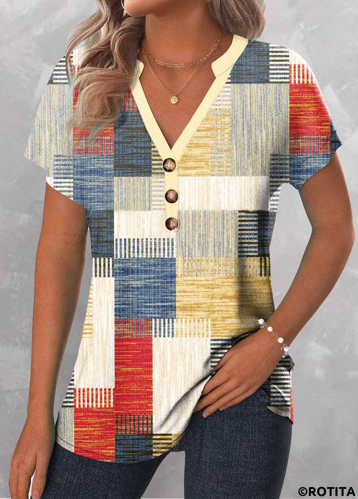 Mehrfarbige Rotita-Patchwork-Bluse mit geometrischem Aufdruck und geteiltem Ausschnitt