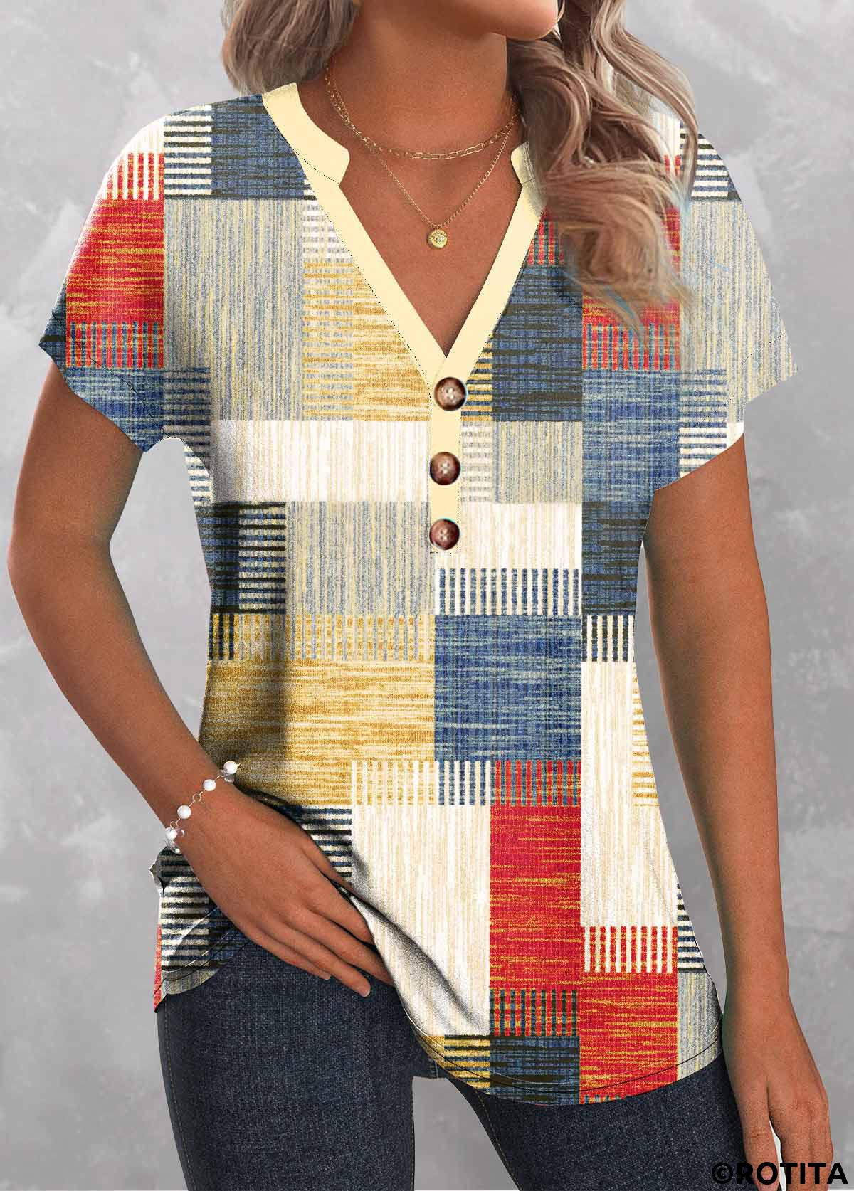 Mehrfarbige Rotita-Patchwork-Bluse mit geometrischem Aufdruck und geteiltem Ausschnitt