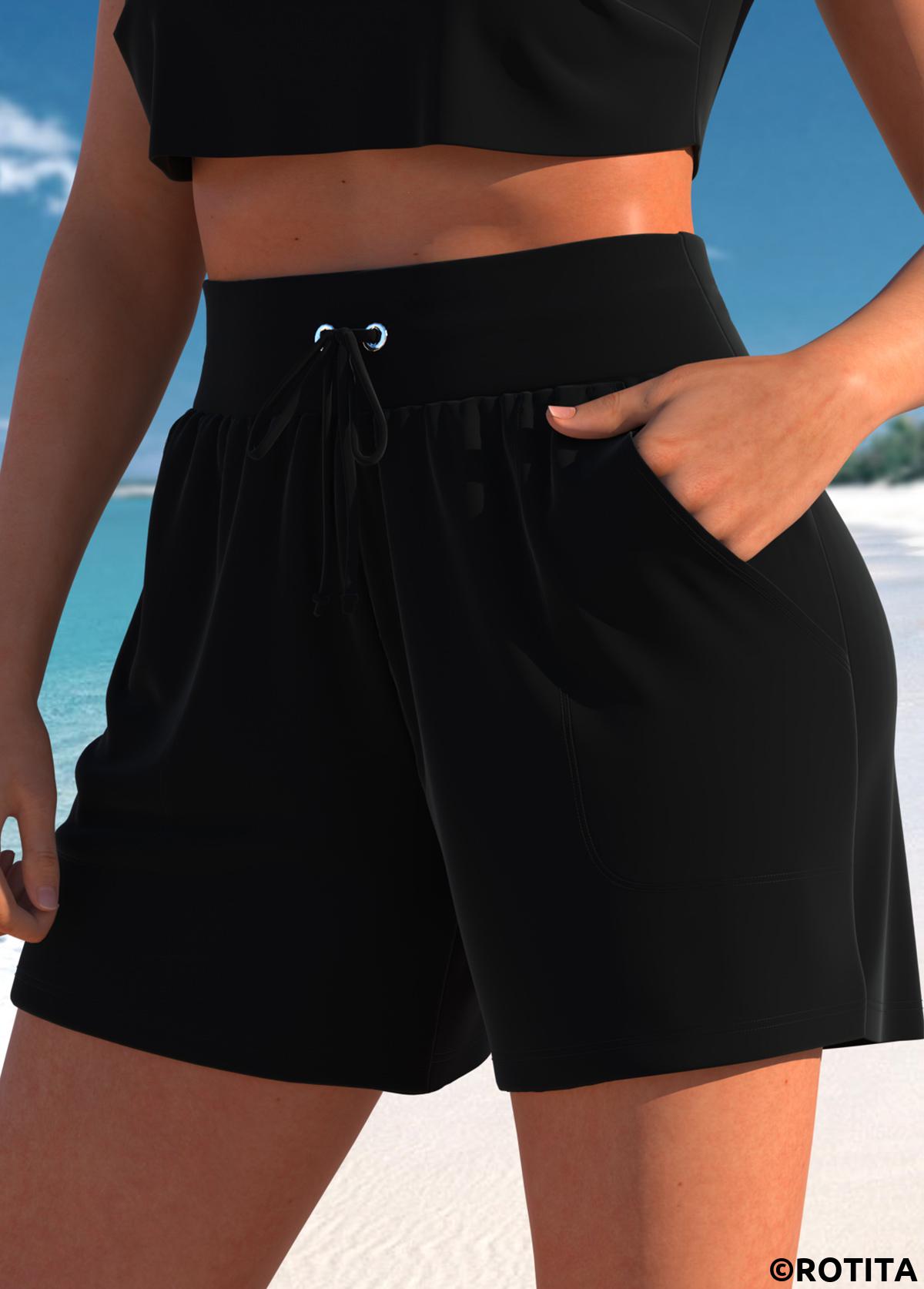 Black swimwear,Plain Color swimwear,ROTITA Black Light Weight High Waisted Beach Shorts