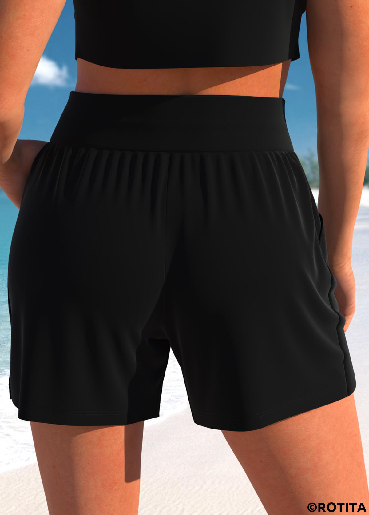 Black swimwear,Plain Color swimwear,ROTITA Black Light Weight High Waisted Beach Shorts
