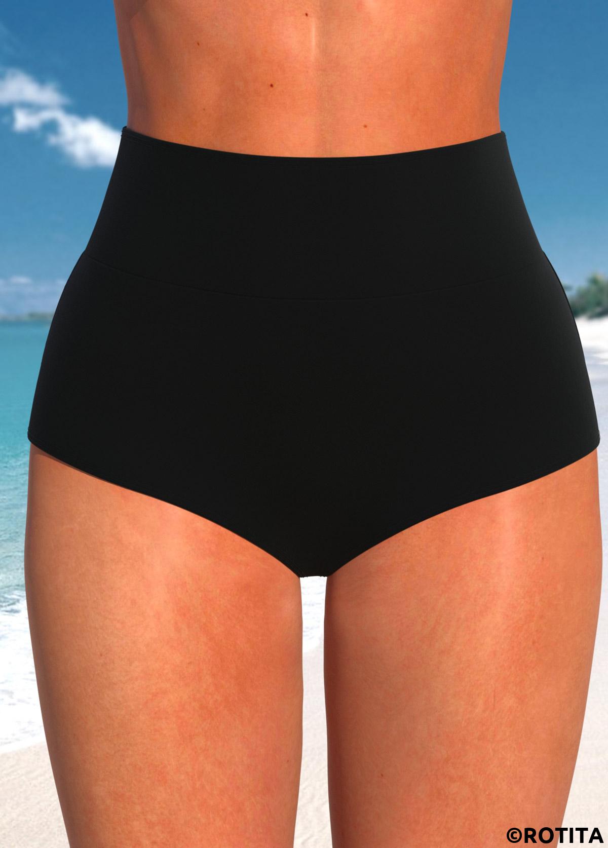 Black swimwear,Plain Color swimwear,ROTITA Black Wide Waistband High Waisted Bikini Bottom