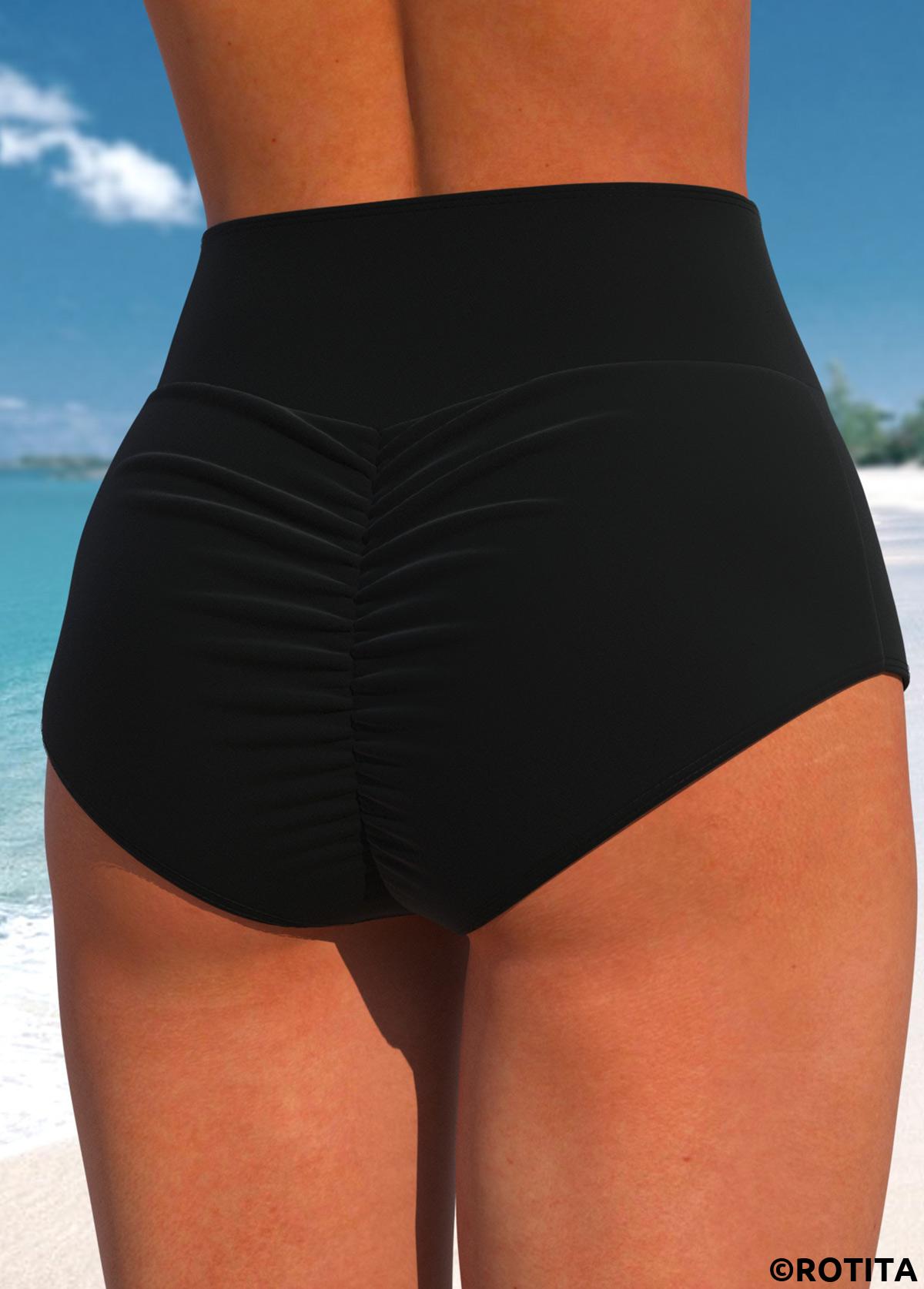 Black swimwear,Plain Color swimwear,ROTITA Black Wide Waistband High Waisted Bikini Bottom