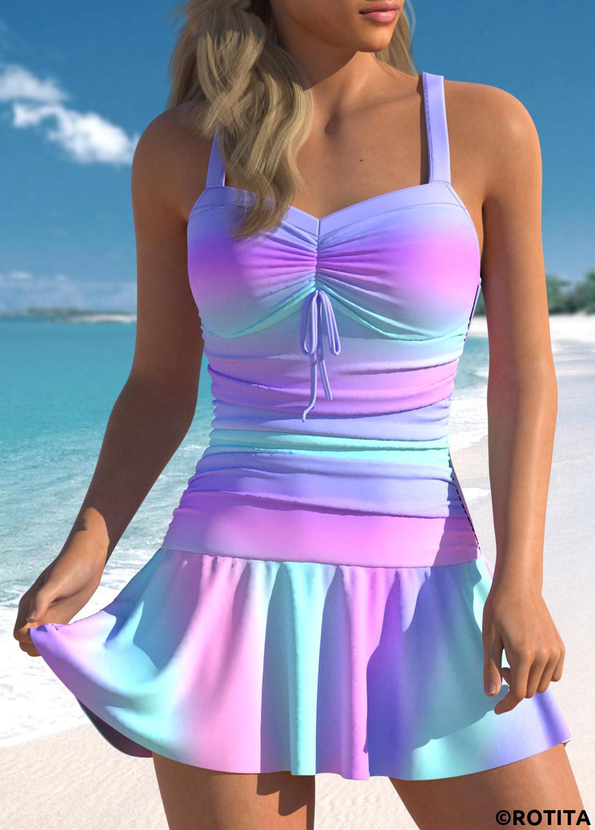 Light Purple swimwear,Ombre swimwear,ROTITA Drawstring Light Purple Ombre One Piece Swimwear