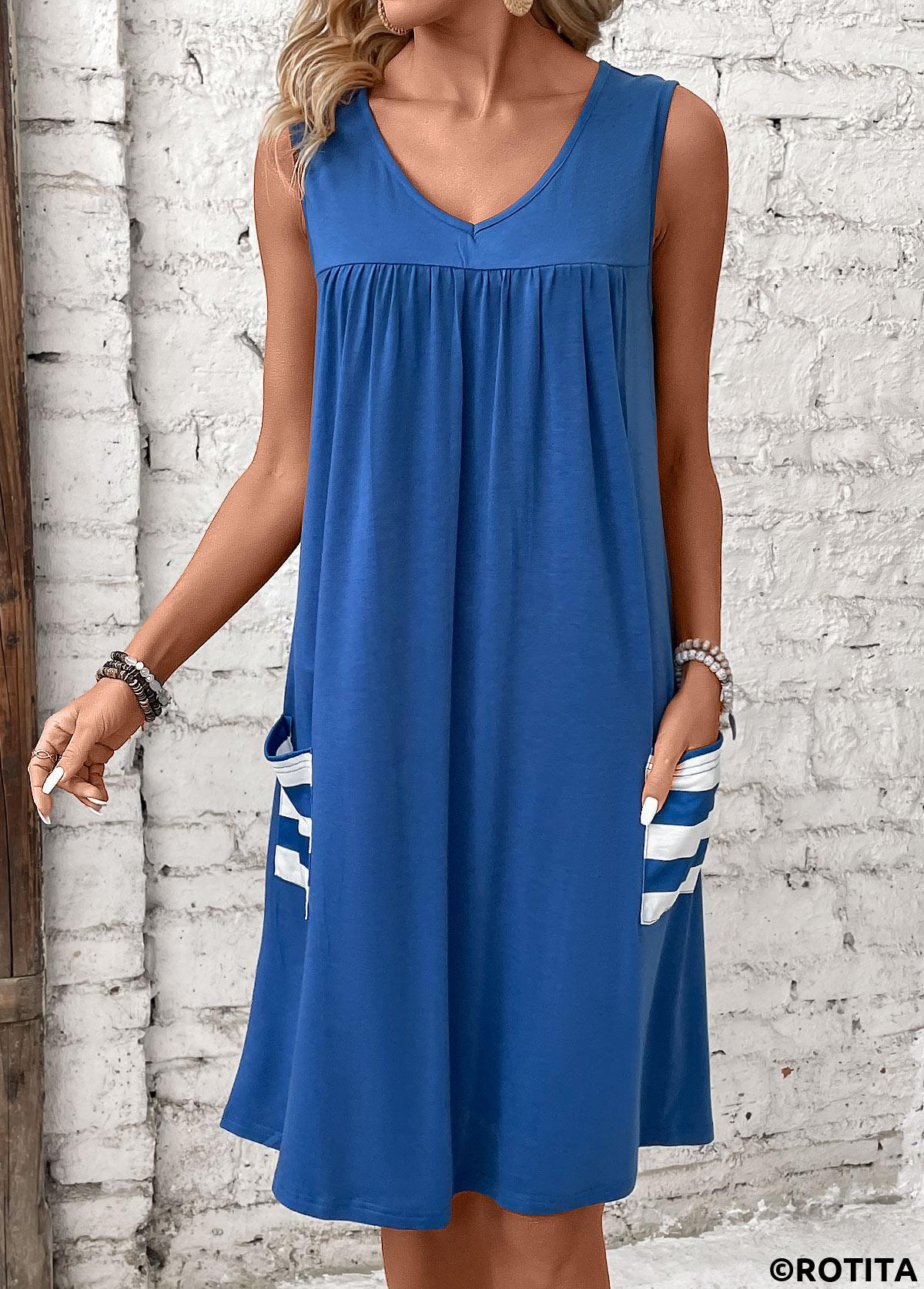 Blue dresses,Striped dresses,Geometric dresses,Everyday dresses,Casual dresses,Pocket Striped Blue V Neck Sleeveless Shift Dress