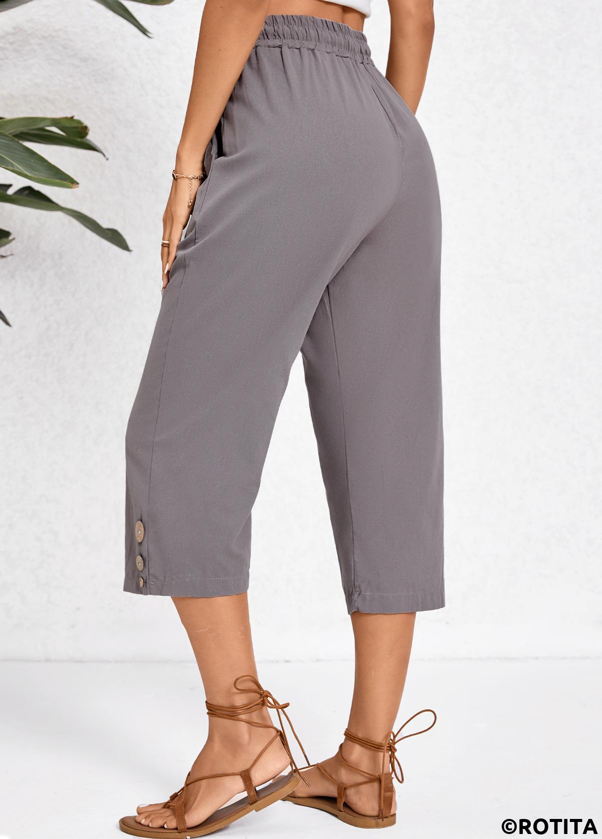 Dark Grey bottoms,Plain Color bottoms,Pocket Dark Grey Elastic Waist High Waisted Pants