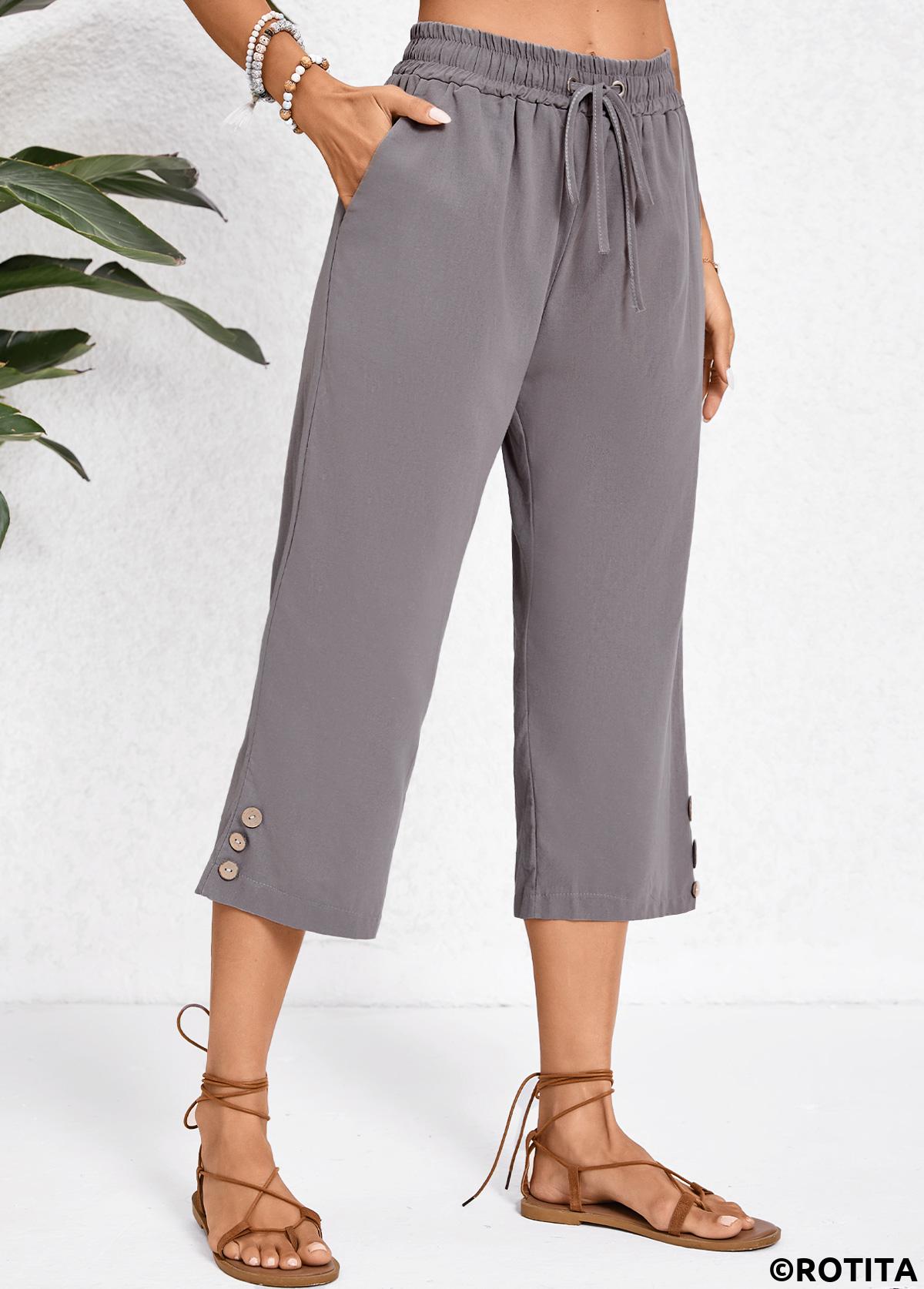 Dark Grey bottoms,Plain Color bottoms,Pocket Dark Grey Elastic Waist High Waisted Pants