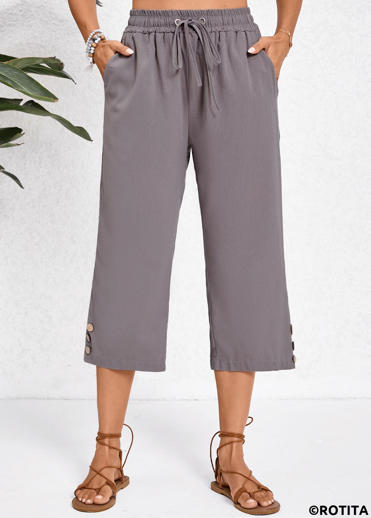 Dark Grey bottoms,Plain Color bottoms,Pocket Dark Grey Elastic Waist High Waisted Pants