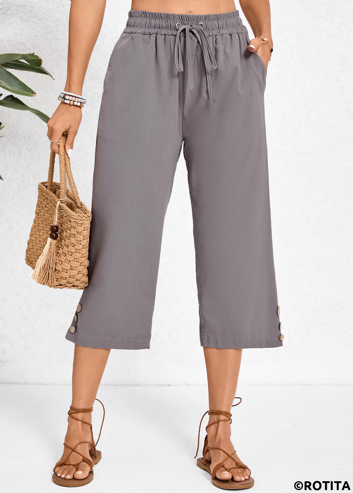 Dark Grey bottoms,Plain Color bottoms,Pocket Dark Grey Elastic Waist High Waisted Pants