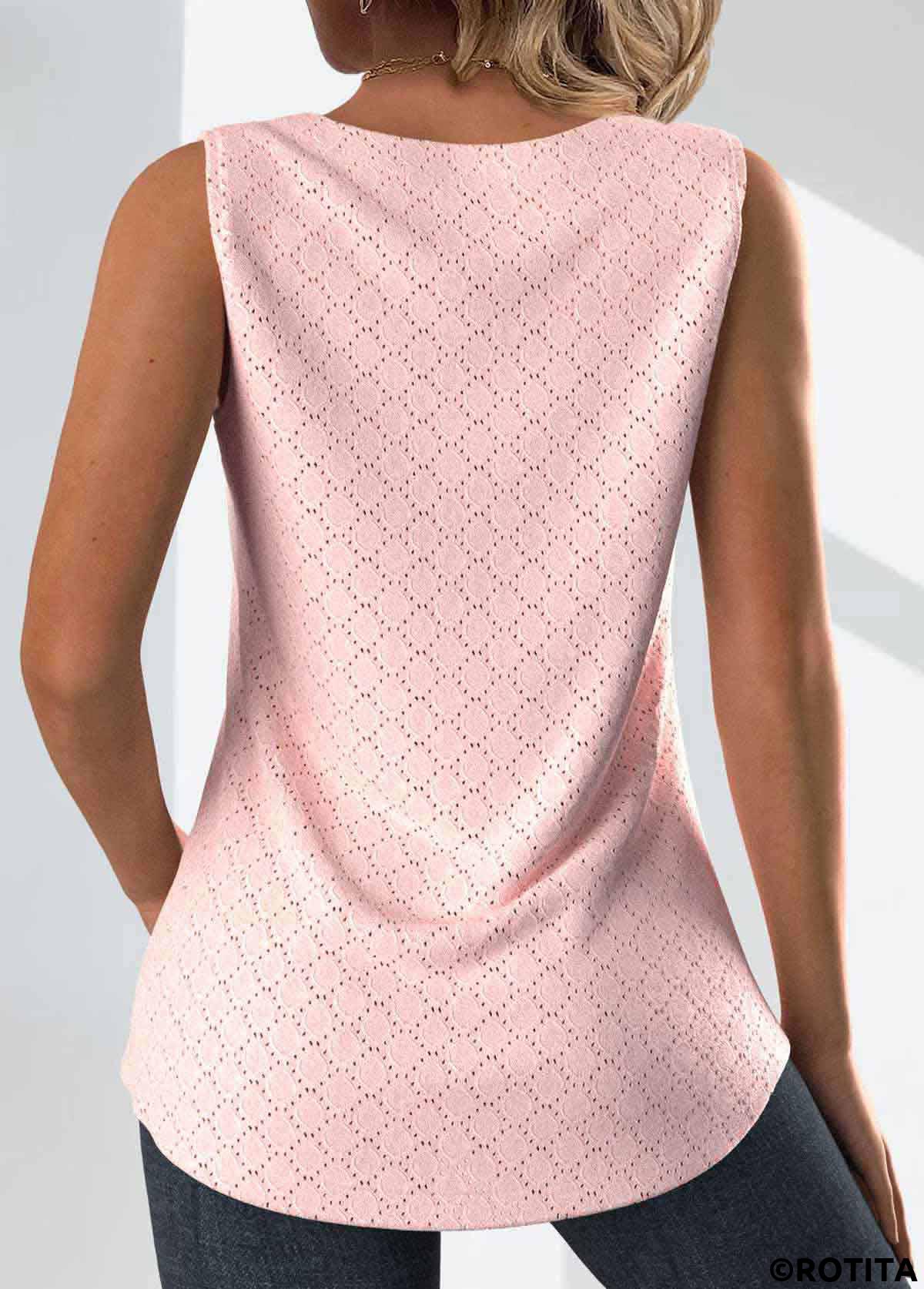 Light Pink tops,Plain Color tops,ROTITA Jacquard Light Pink Square Neck Sleeveless Tank Top