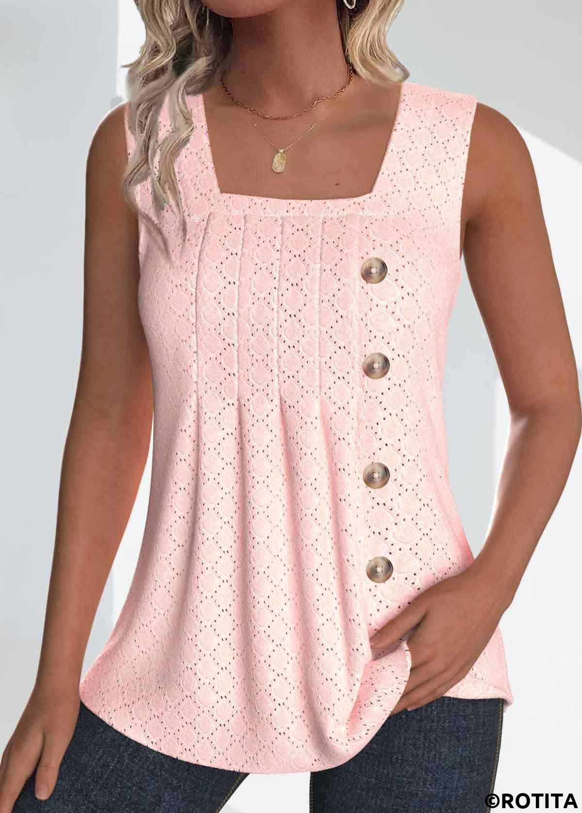 Light Pink tops,Plain Color tops,ROTITA Jacquard Light Pink Square Neck Sleeveless Tank Top