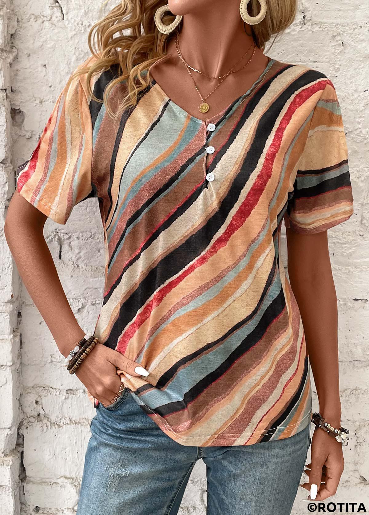 Button Geometric Print Multi Color V Neck T Shirt
