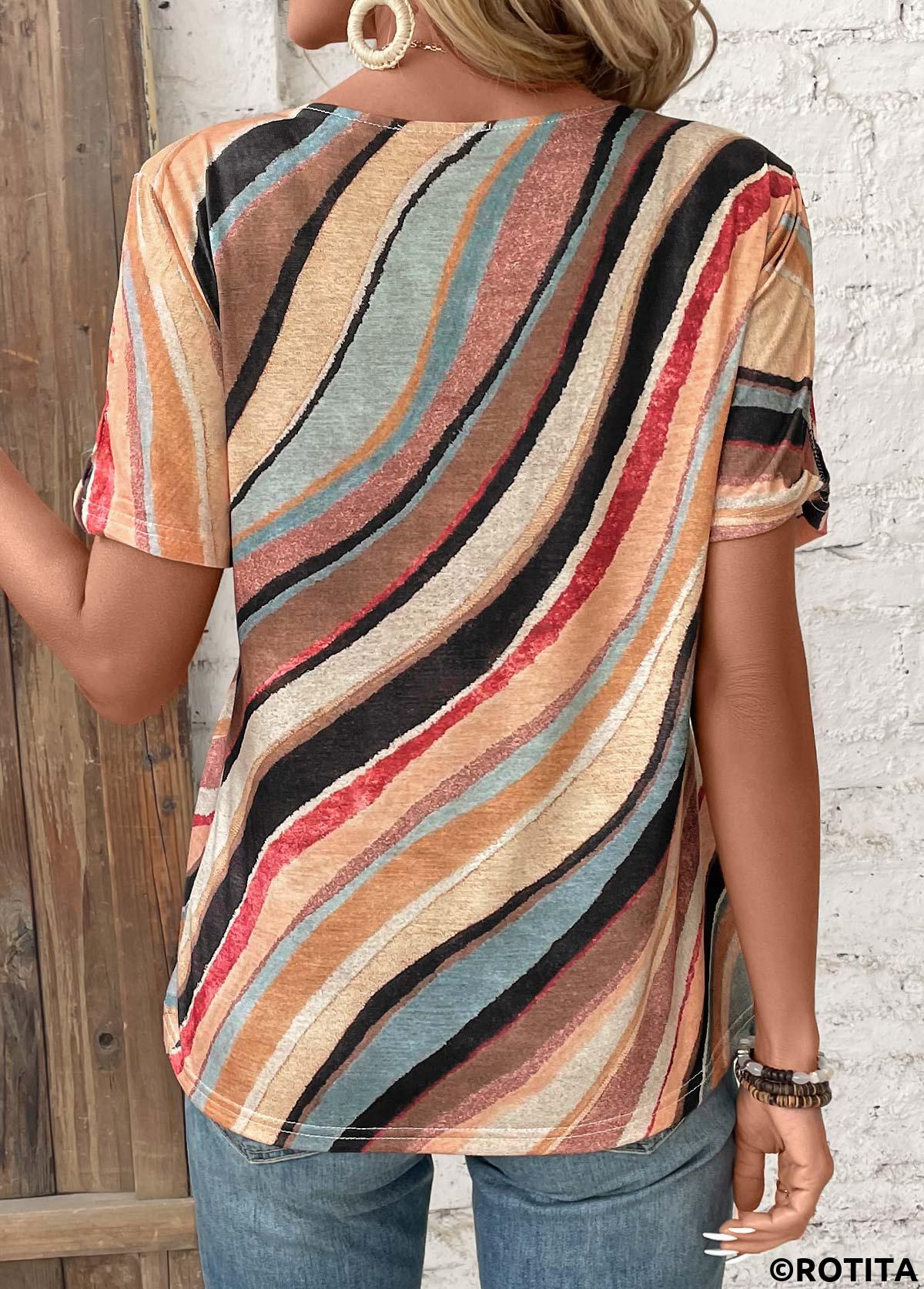 Button Geometric Print Multi Color V Neck T Shirt