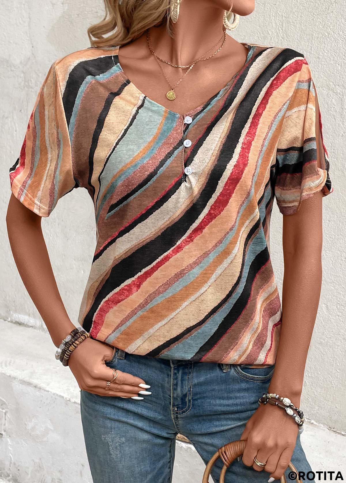 Button Geometric Print Multi Color V Neck T Shirt