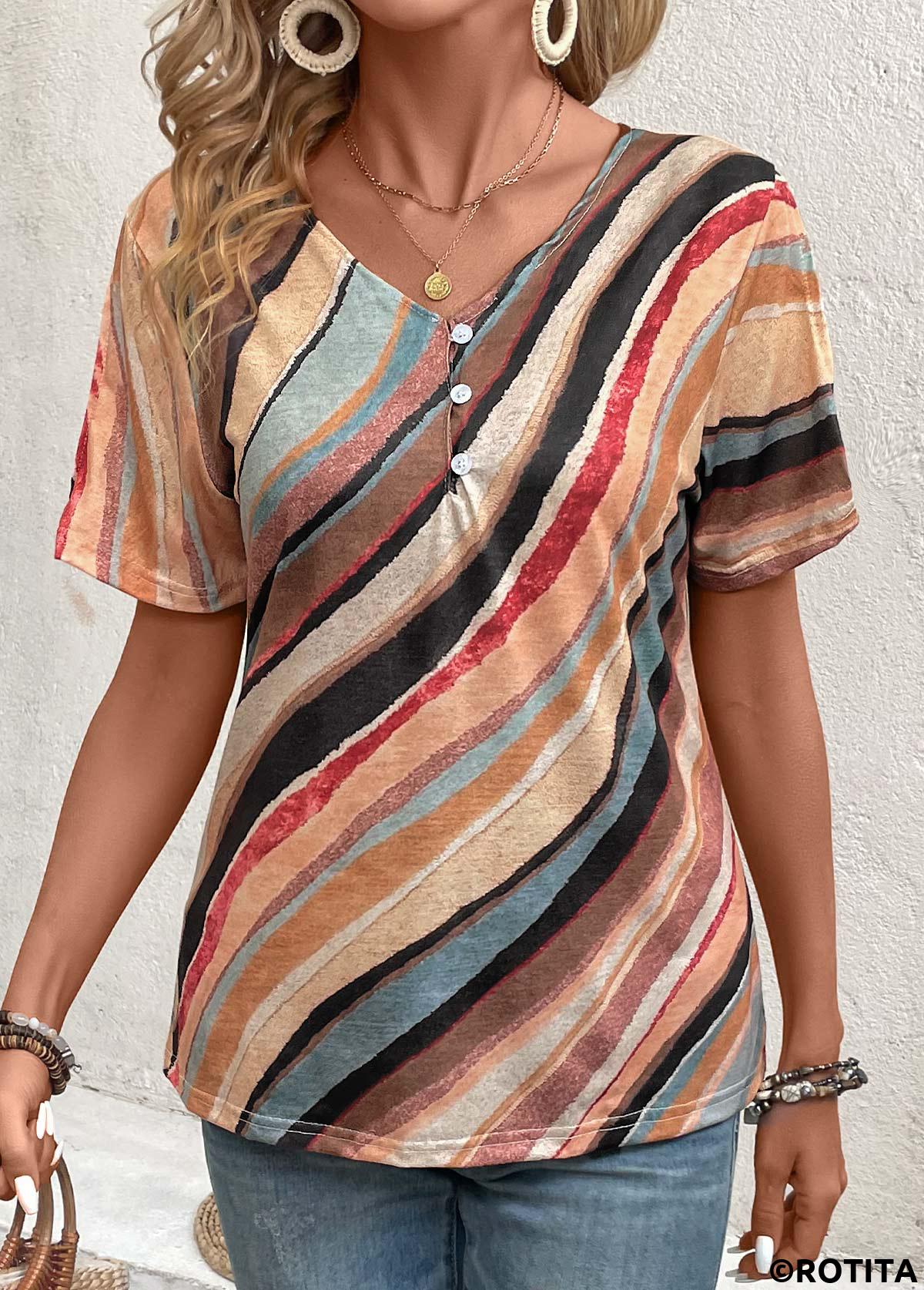 Button Geometric Print Multi Color V Neck T Shirt