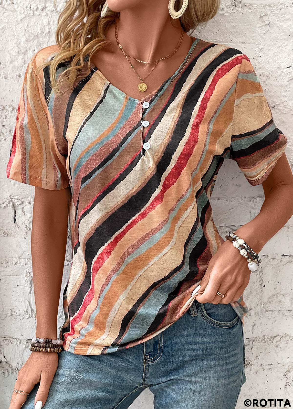 Button Geometric Print Multi Color V Neck T Shirt