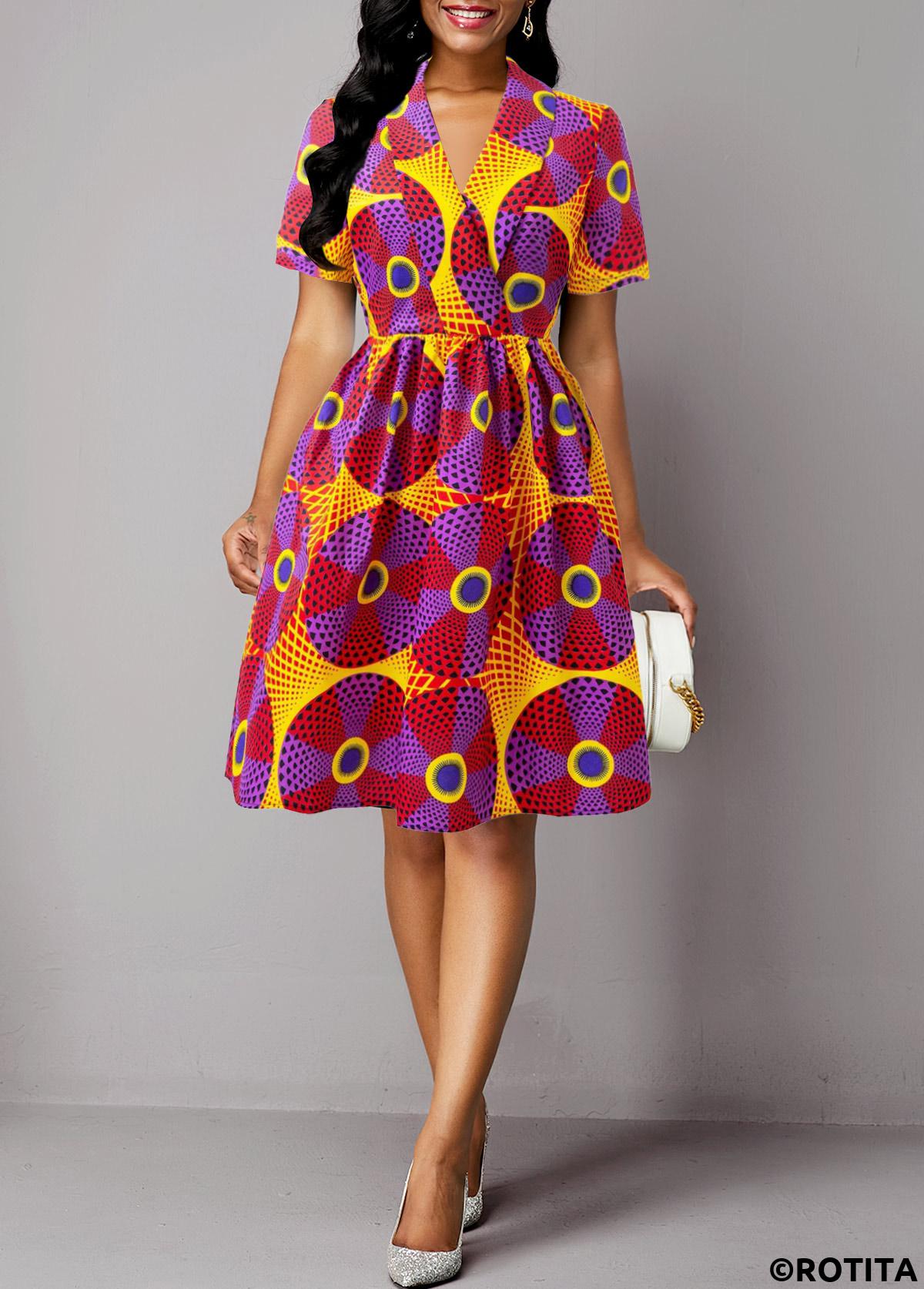 Multi Color dresses,Tribal dresses,Geometric dresses,Vacation dresses,Vacation dresses,ROTITA Umbrella Hem African Tribal Print Multi Color Dress