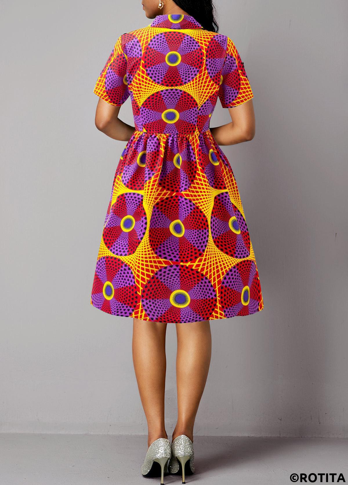 Multi Color dresses,Tribal dresses,Geometric dresses,Vacation dresses,Vacation dresses,ROTITA Umbrella Hem African Tribal Print Multi Color Dress