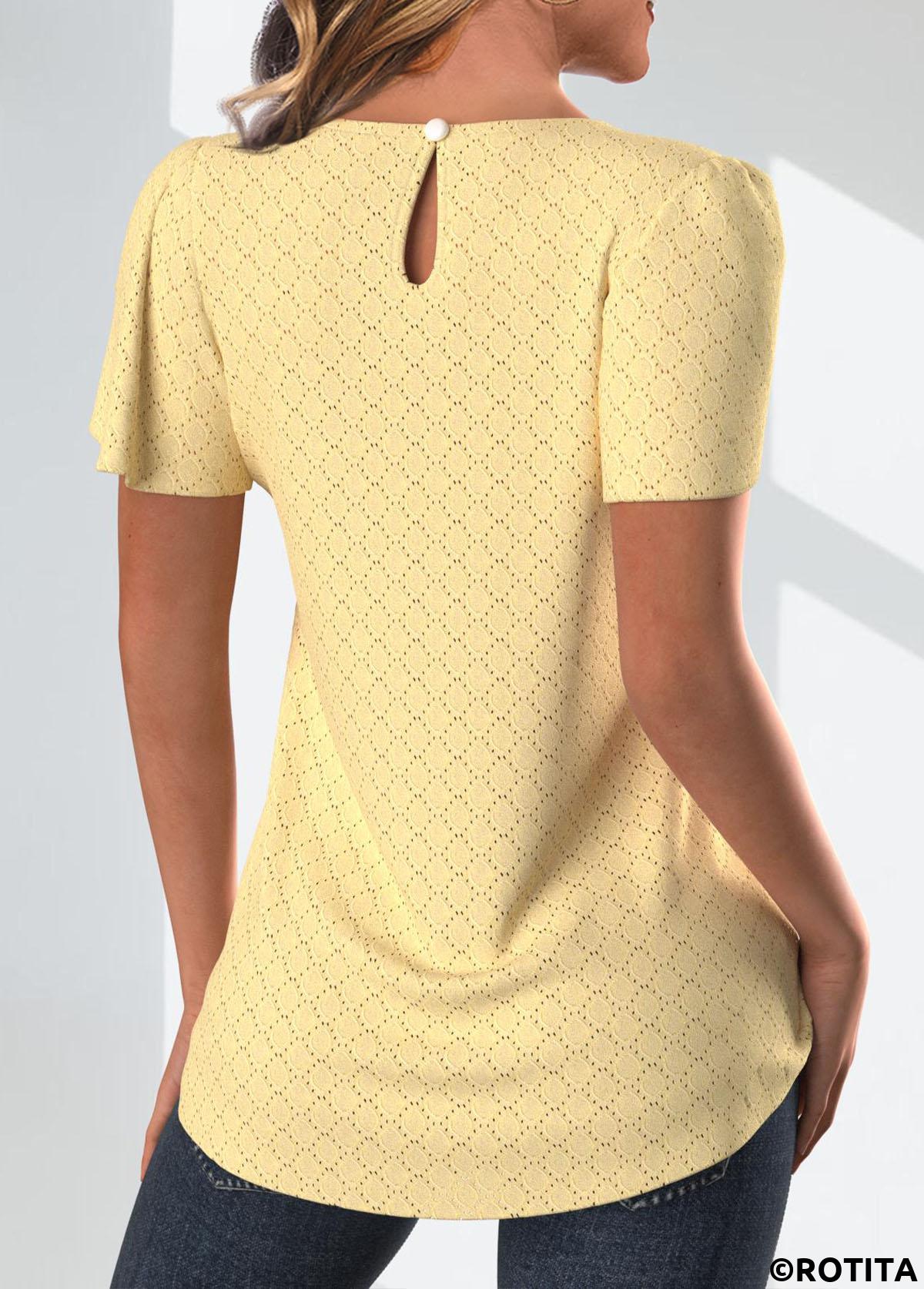 Light Yellow tops,Plain Color tops,ROTITA Lace Light Yellow Round Neck Short Sleeve T Shirt