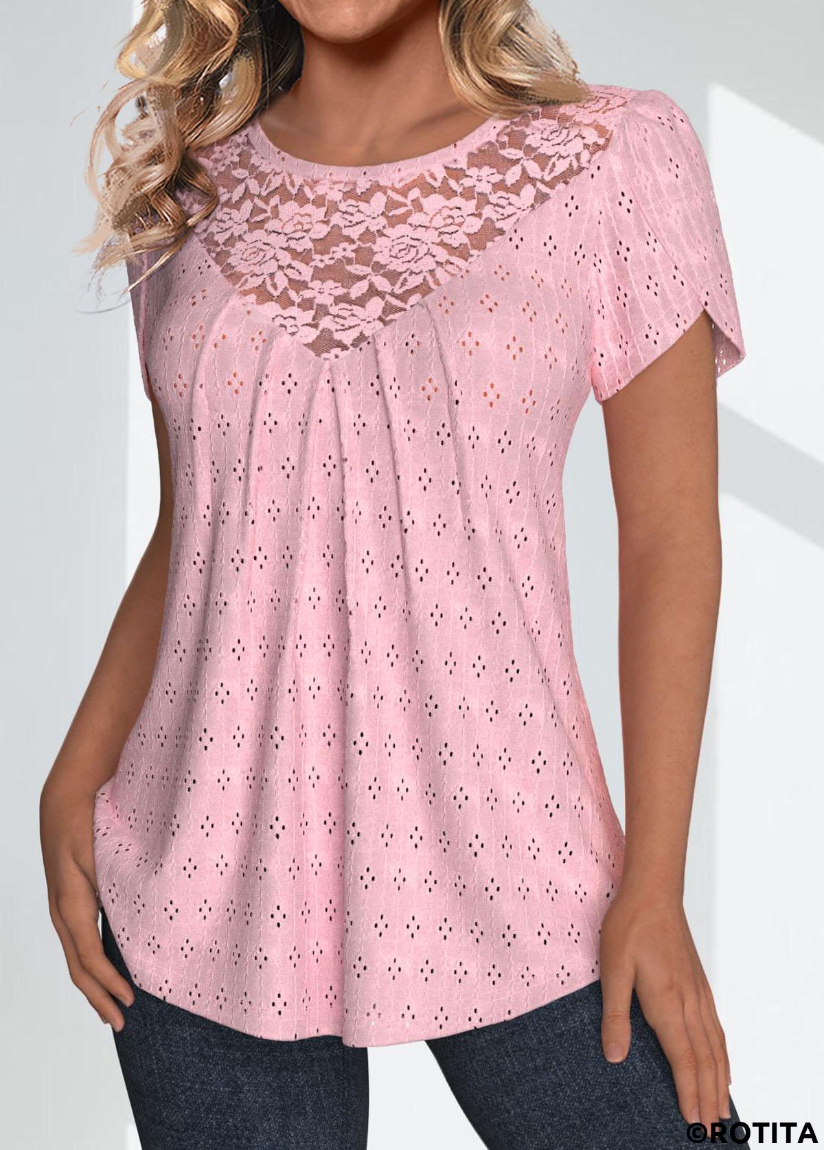 Light Pink tops,Plain Color tops,ROTITA Lace Light Pink Round Neck Short Sleeve T Shirt