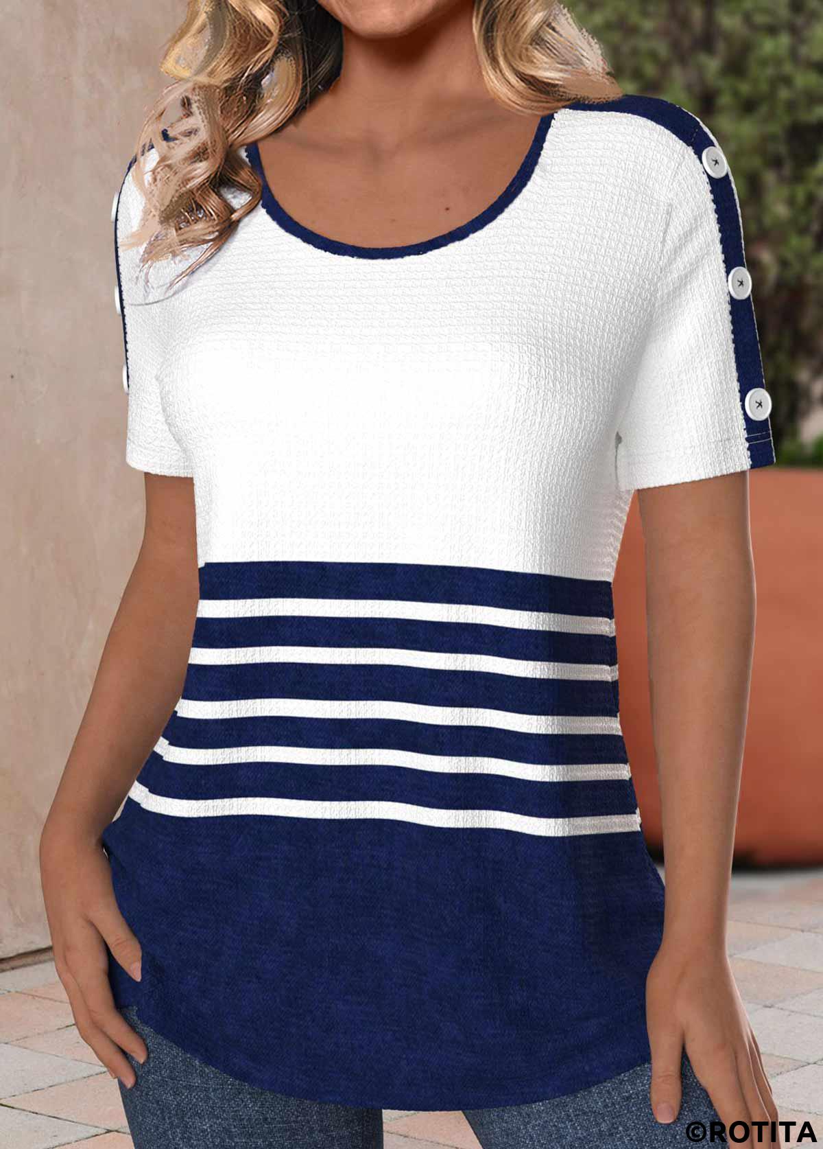 Navy tops,White tops,Striped tops,Geometric tops,ROTITA Button Striped Navy Round Neck Short Sleeve T Shirt