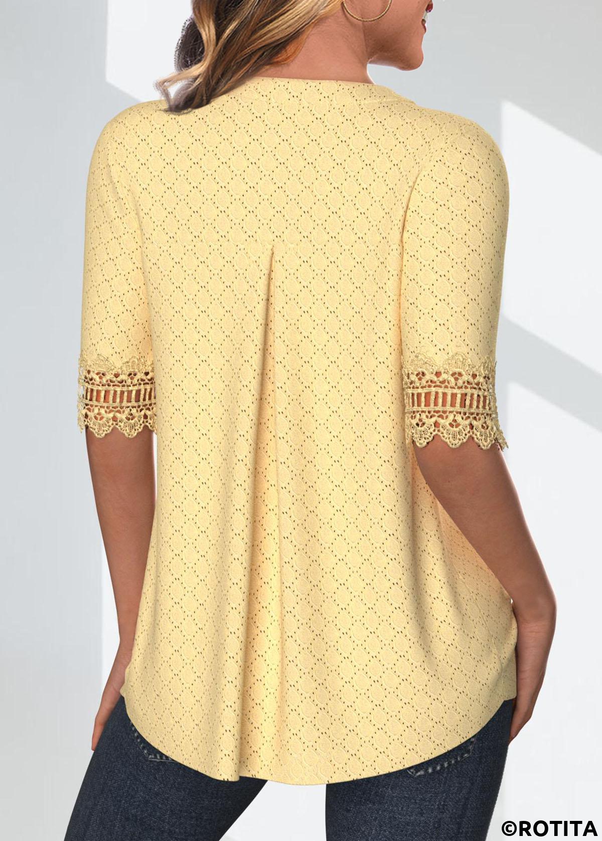 blouse rotita patchwork jaune clair à manches courtes et col fendu