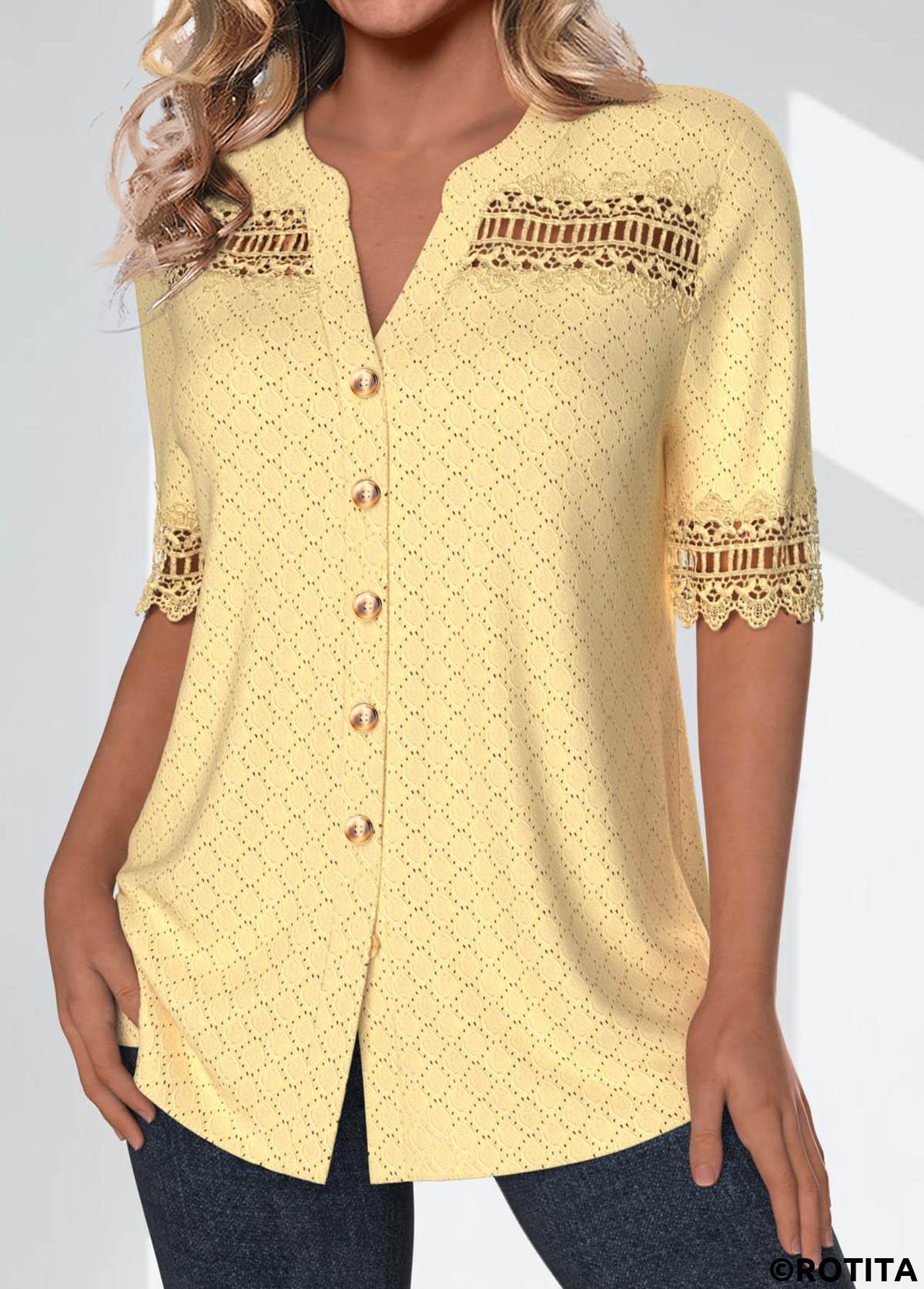 blouse rotita patchwork jaune clair à manches courtes et col fendu