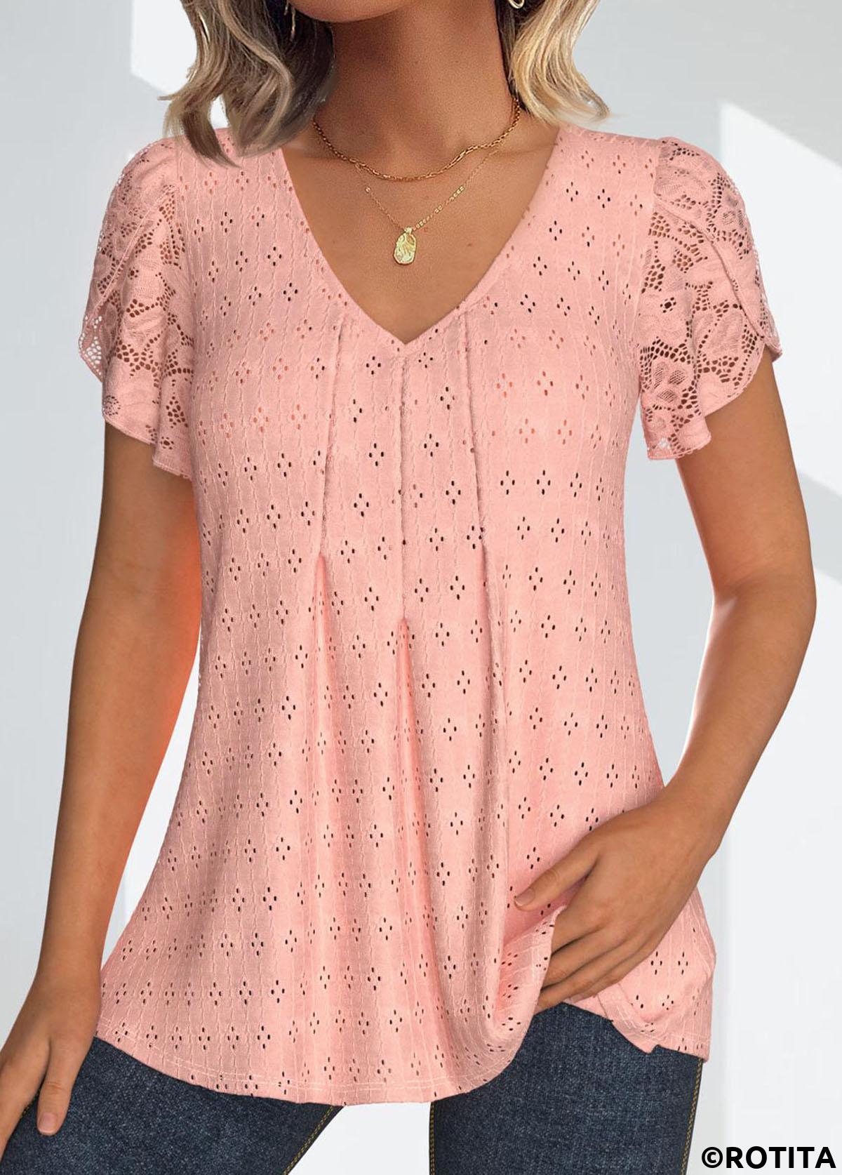 Dusty Pink tops,Plain Color tops,ROTITA Lace Dusty Pink V Neck Short Sleeve Blouse
