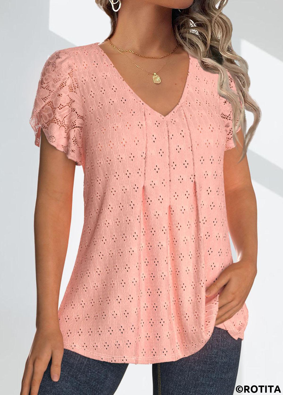 Dusty Pink tops,Plain Color tops,ROTITA Lace Dusty Pink V Neck Short Sleeve Blouse