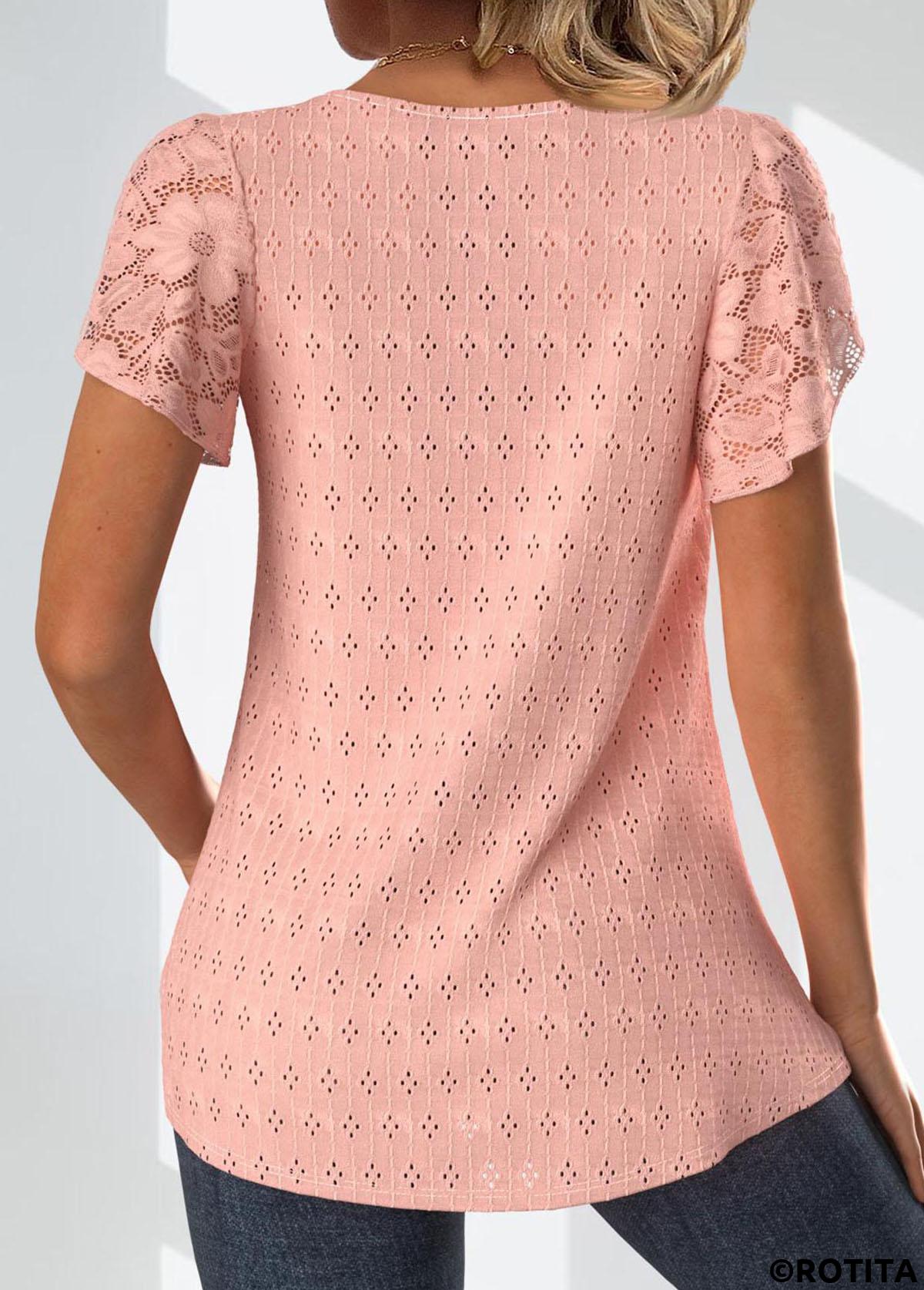 Dusty Pink tops,Plain Color tops,ROTITA Lace Dusty Pink V Neck Short Sleeve Blouse