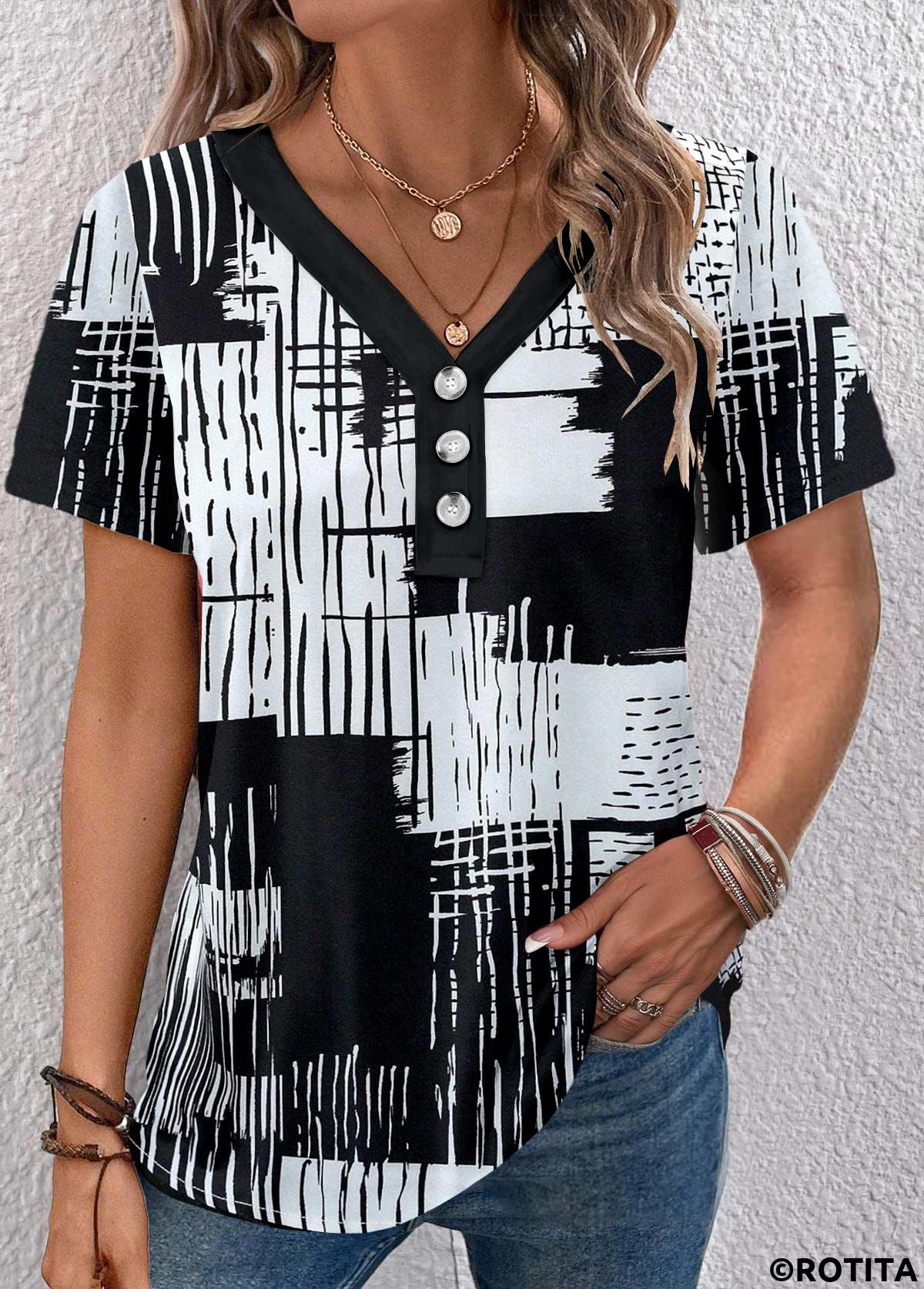 Button Graffiti Print Black V Neck Short Sleeve Blouse