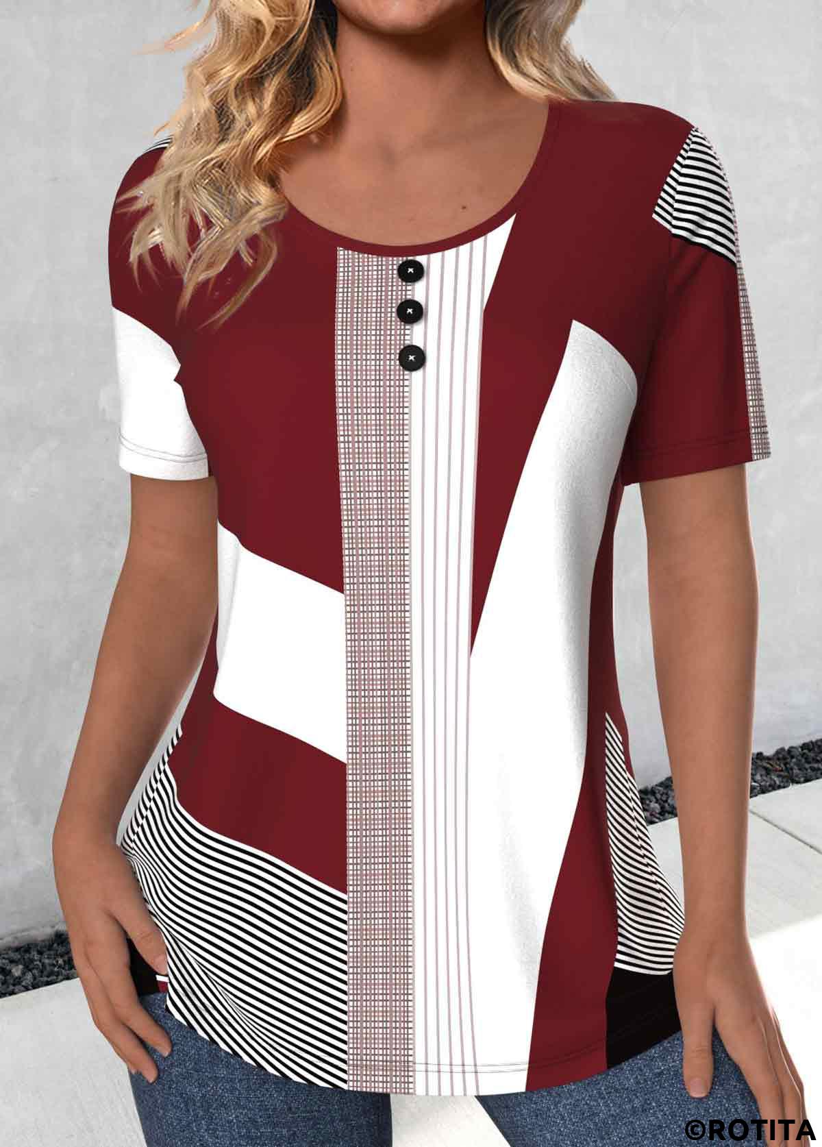 Deep Red tops,White tops,Geometric tops,Striped tops,Plaid tops,ROTITA Button Geometric Print Deep Red Round Neck T Shirt