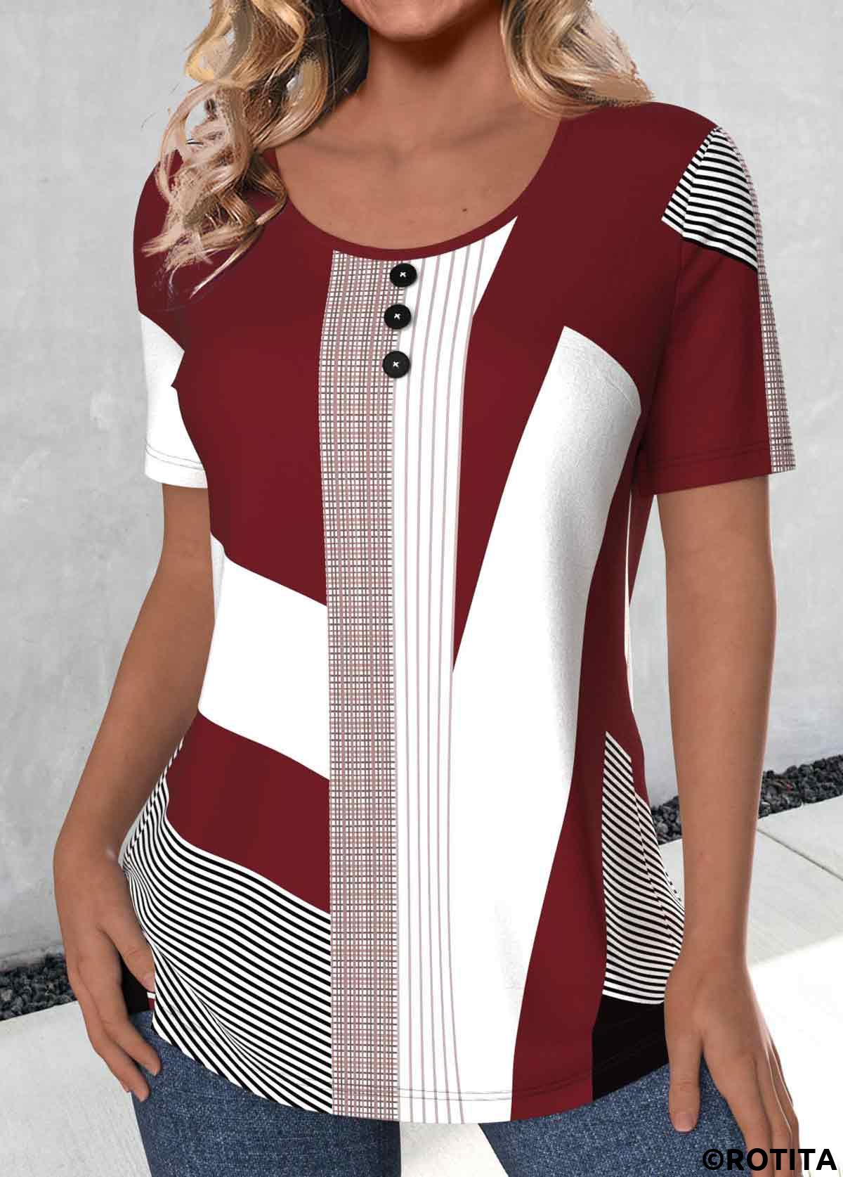 Deep Red tops,White tops,Geometric tops,Striped tops,Plaid tops,ROTITA Button Geometric Print Deep Red Round Neck T Shirt