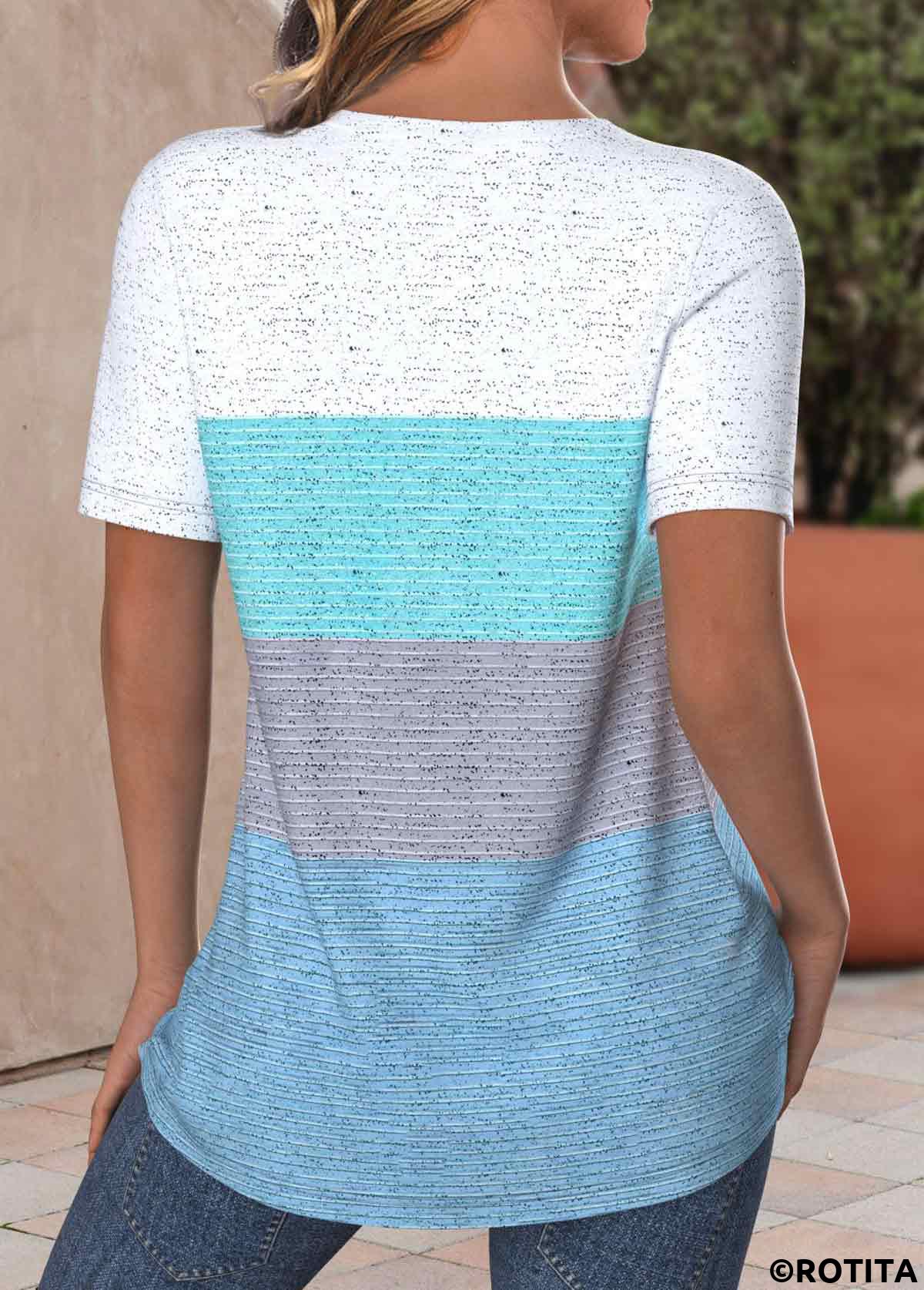ROTITA Criss Cross Striped Dusty Blue V Neck T Shirt