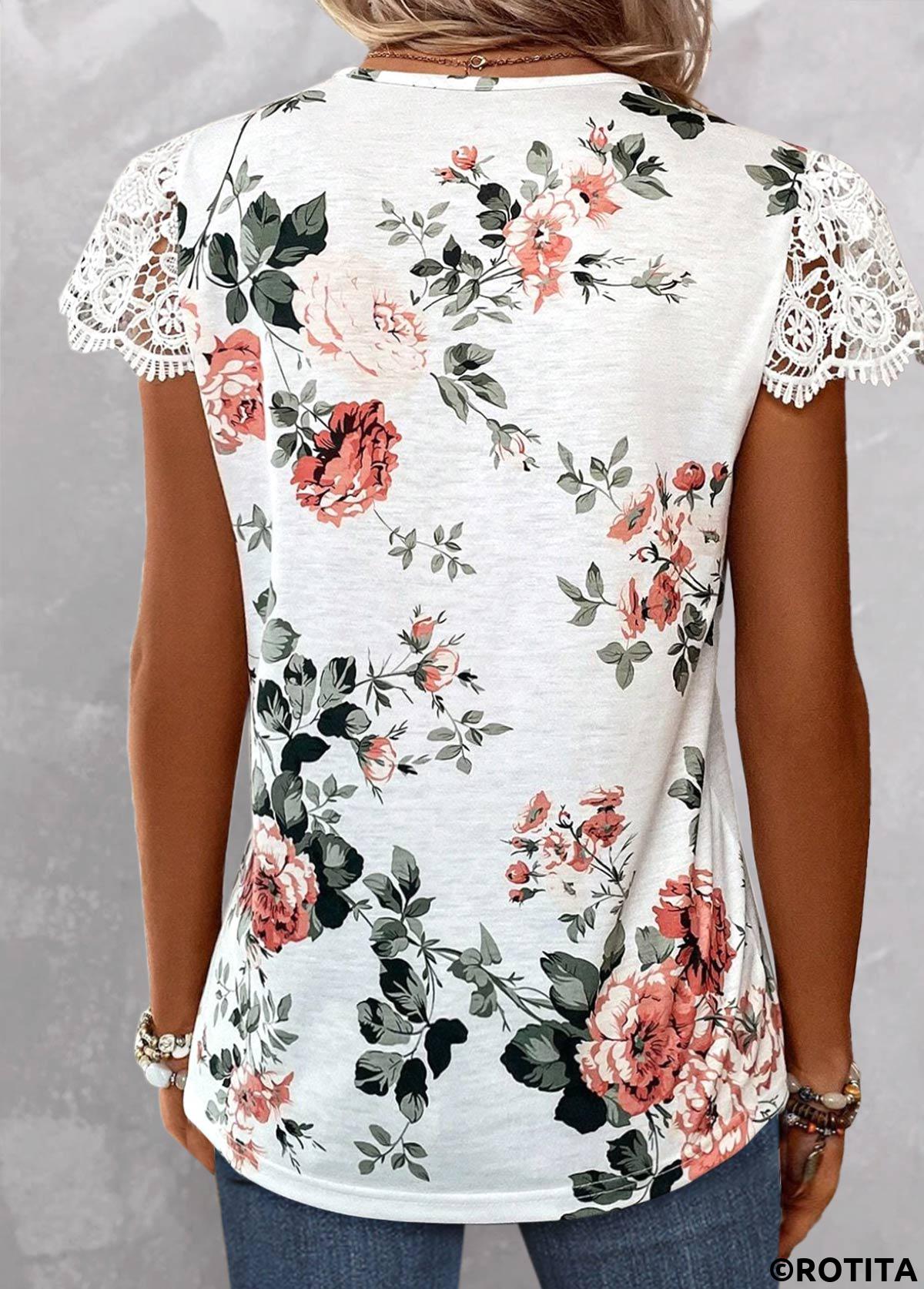 ROTITA Lace Floral Print White V Neck T Shirt