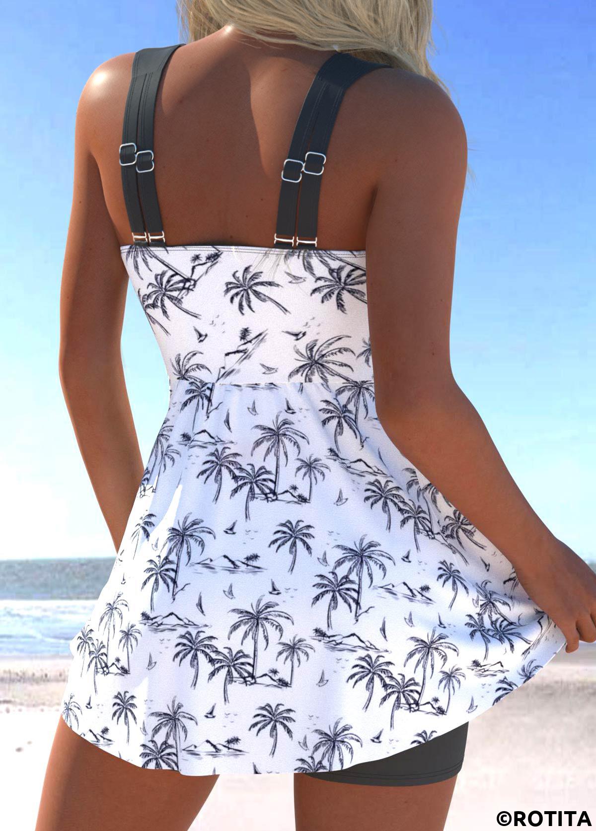 White swimwear,Plants swimwear,ROTITA Surplice White Tropical Plants Print Swimdress and Shorts
