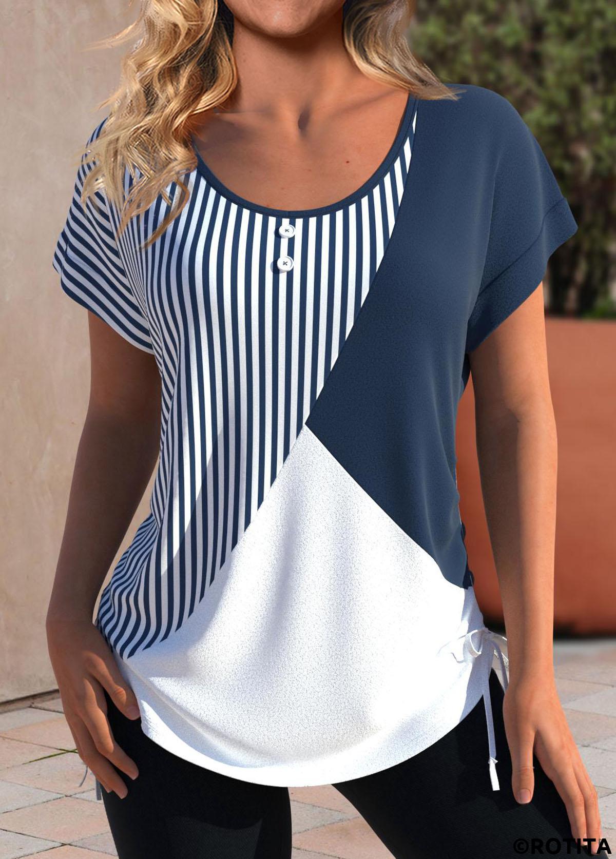 Navy tops,Striped tops,Geometric tops,ROTITA Patchwork Striped Navy Round Neck Short Sleeve T Shirt
