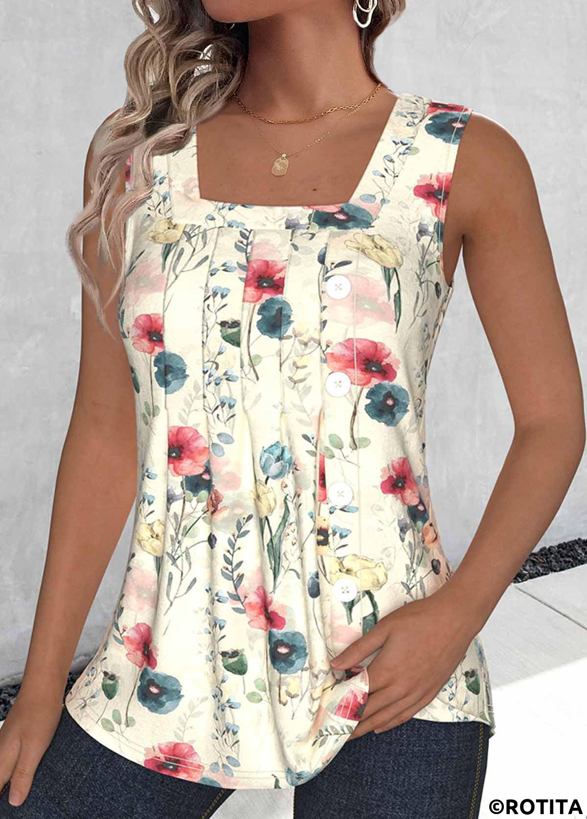 Multi Color tops,Plants tops,Floral tops,ROTITA Tuck Stitch Random Floral Print Multi Color Tank Top