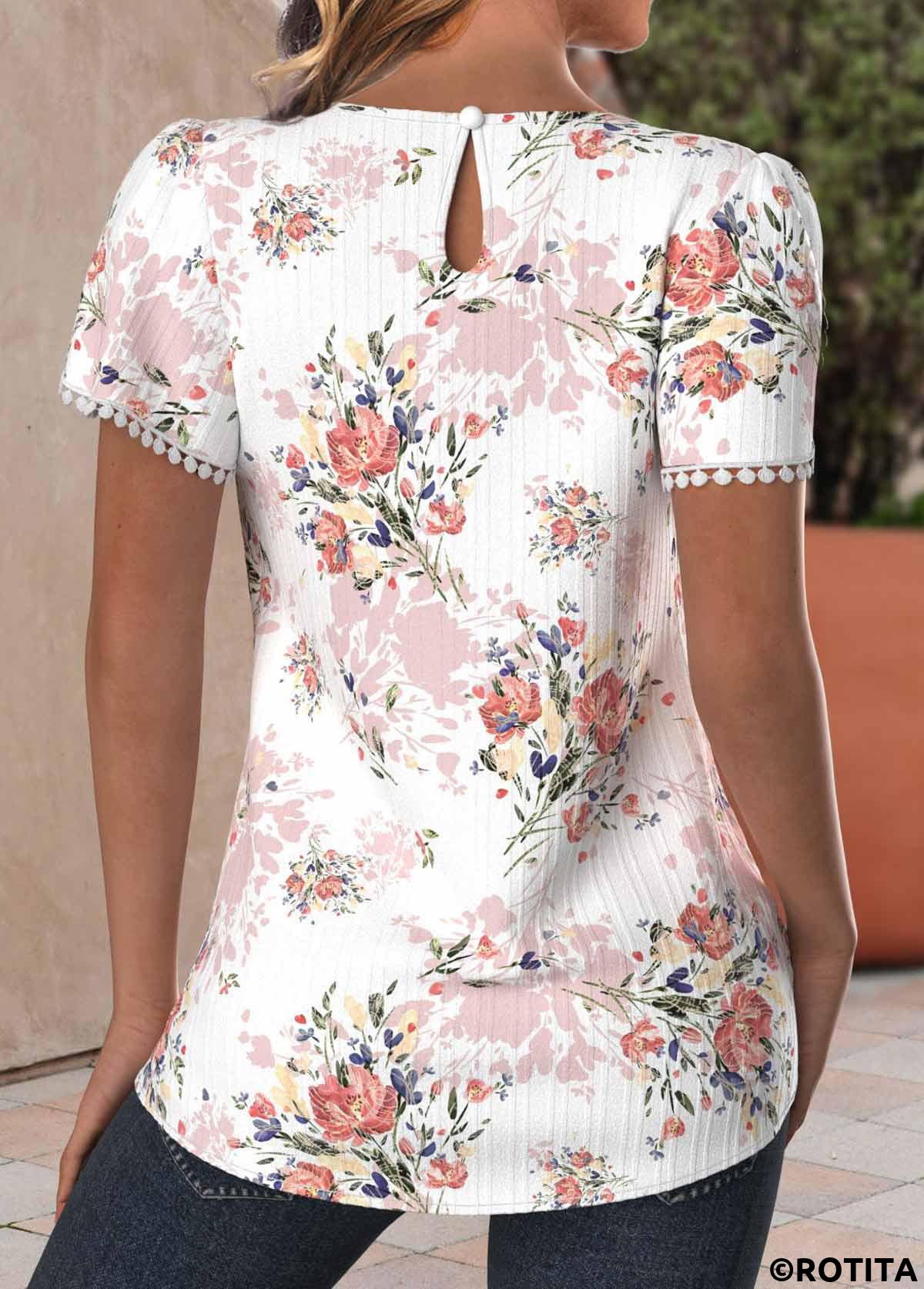 Light Pink tops,White tops,Floral tops,Plants tops,ROTITA Textured Fabric Floral Print Light Pink Round Neck Blouse