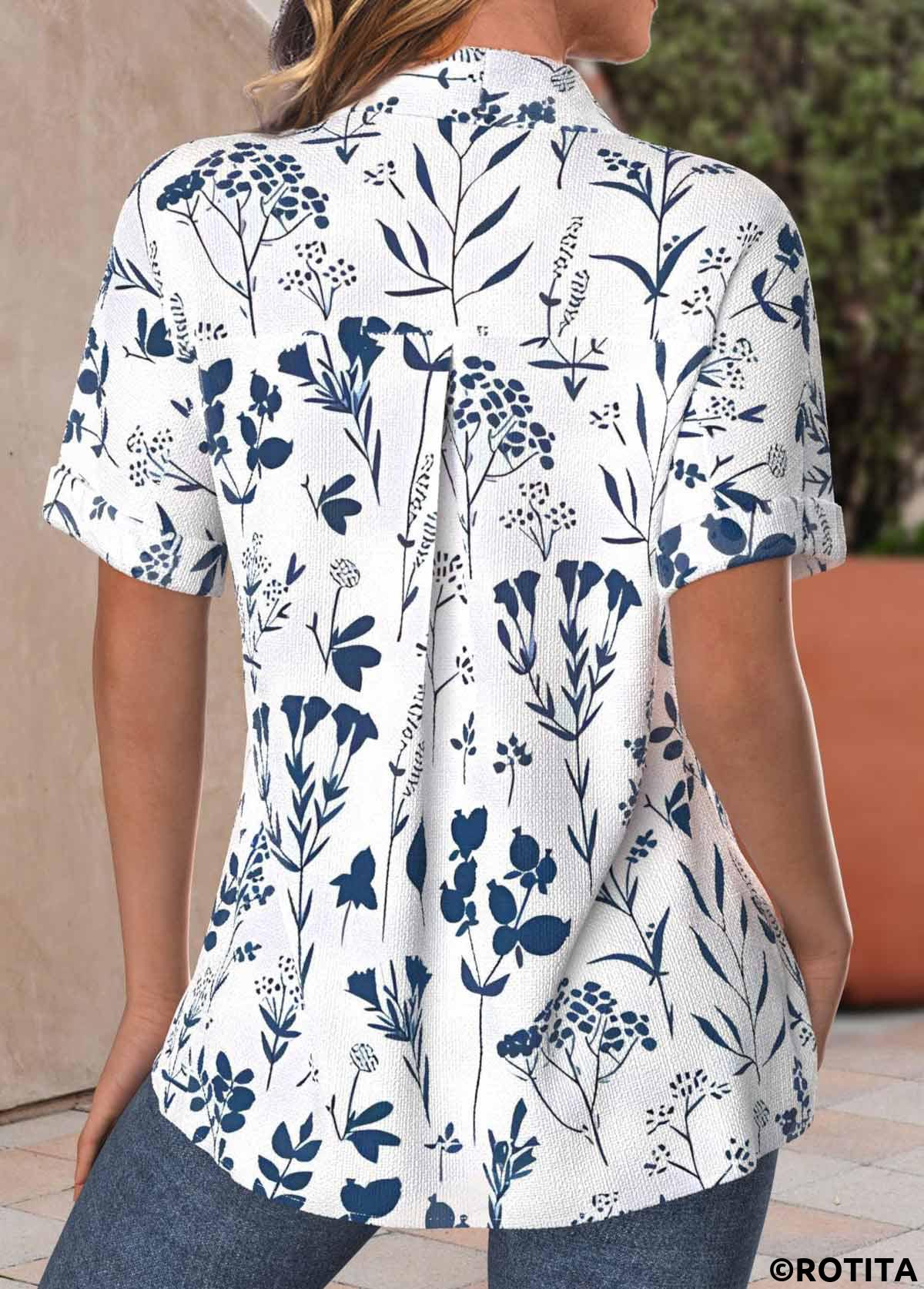 Peacock Blue tops,White tops,Plants tops,ROTITA Textured Fabric Leaf Print Peacock Blue Short Sleeve Shirt