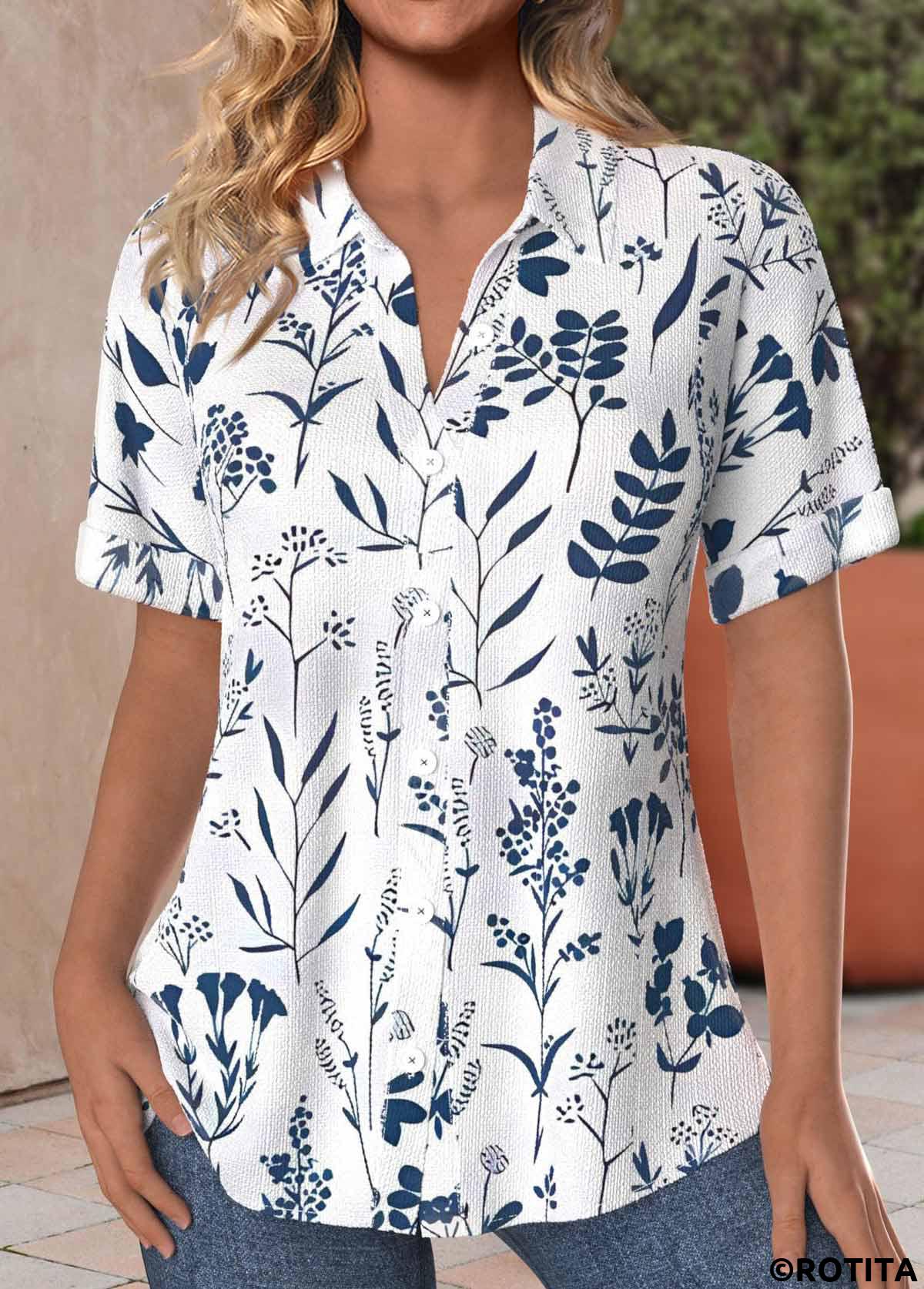 Peacock Blue tops,White tops,Plants tops,ROTITA Textured Fabric Leaf Print Peacock Blue Short Sleeve Shirt