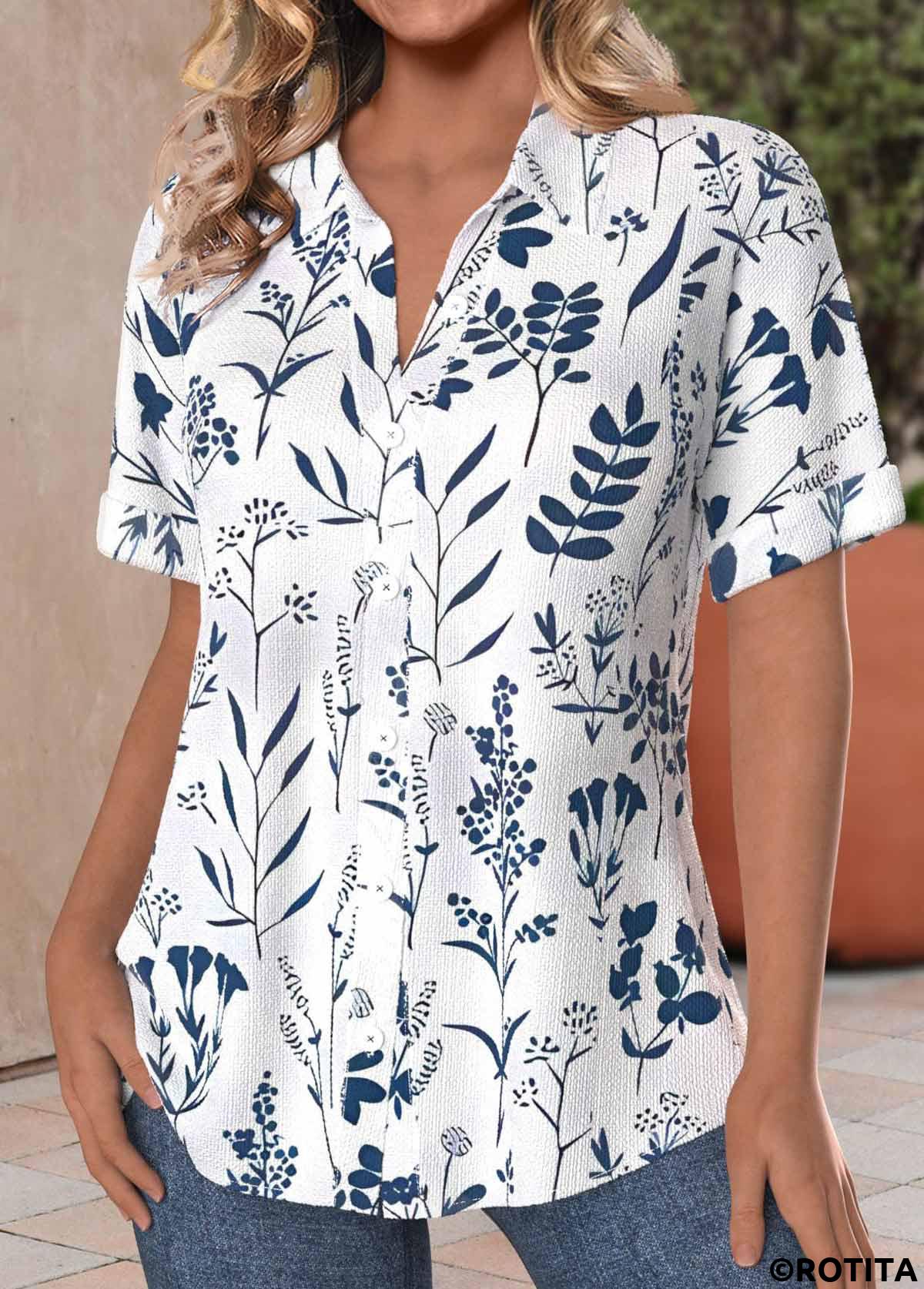 Peacock Blue tops,White tops,Plants tops,ROTITA Textured Fabric Leaf Print Peacock Blue Short Sleeve Shirt