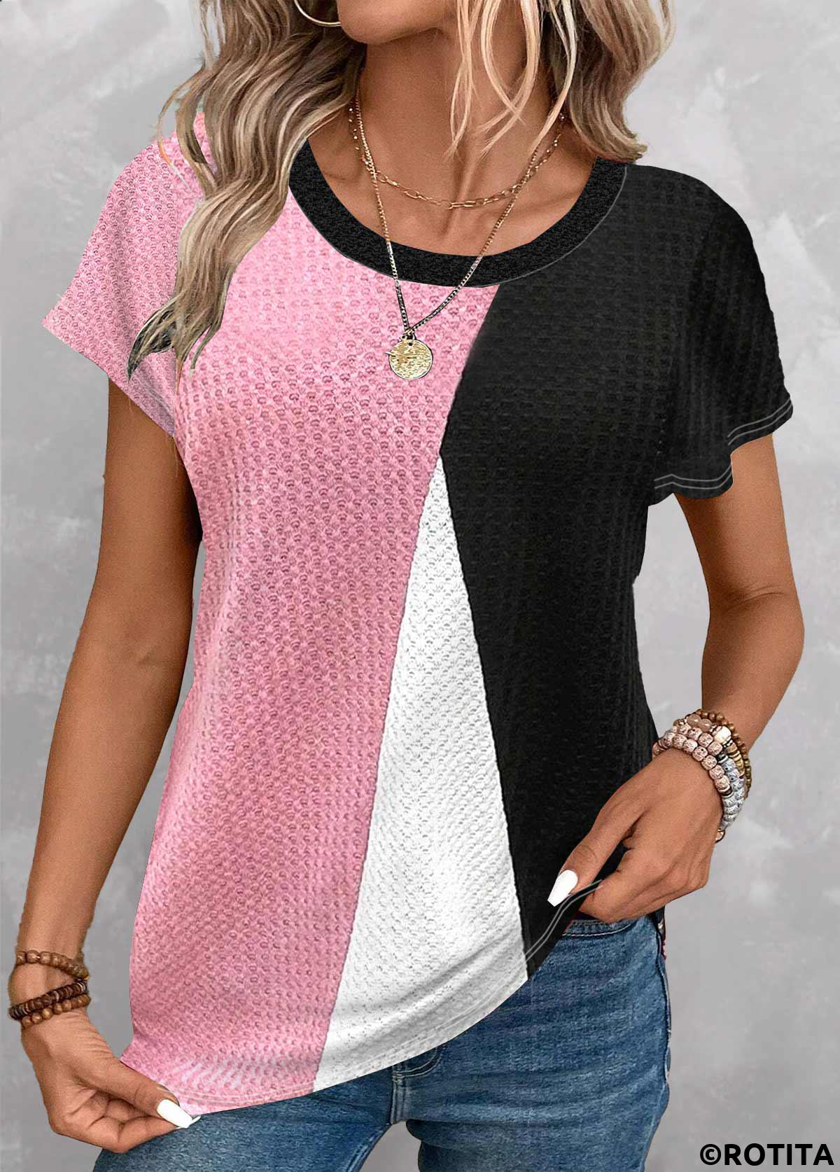 t-shirt col rond noir à imprimé géométrique patchwork rotita