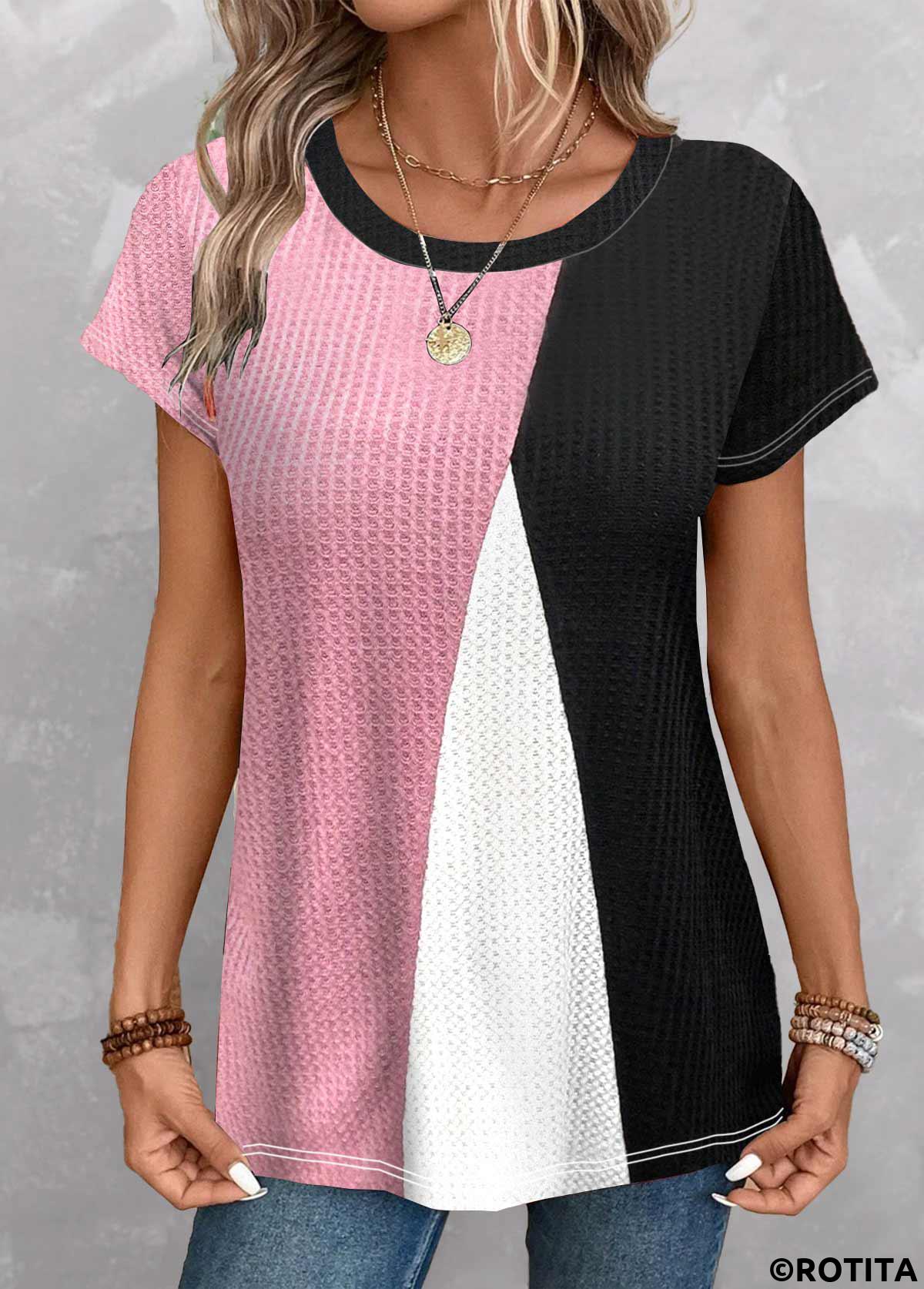 t-shirt col rond noir à imprimé géométrique patchwork rotita