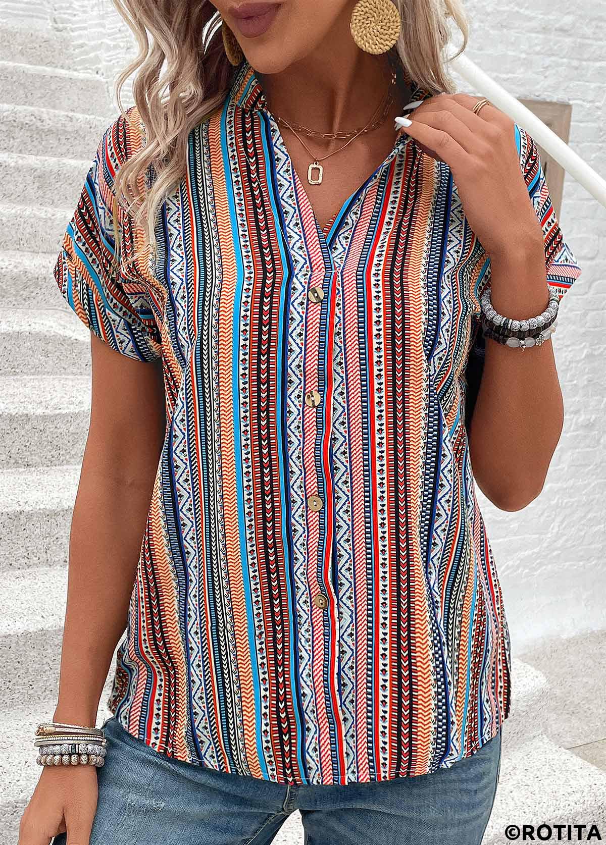 chemisier multicolore à col en V et imprimé tribal à boutons