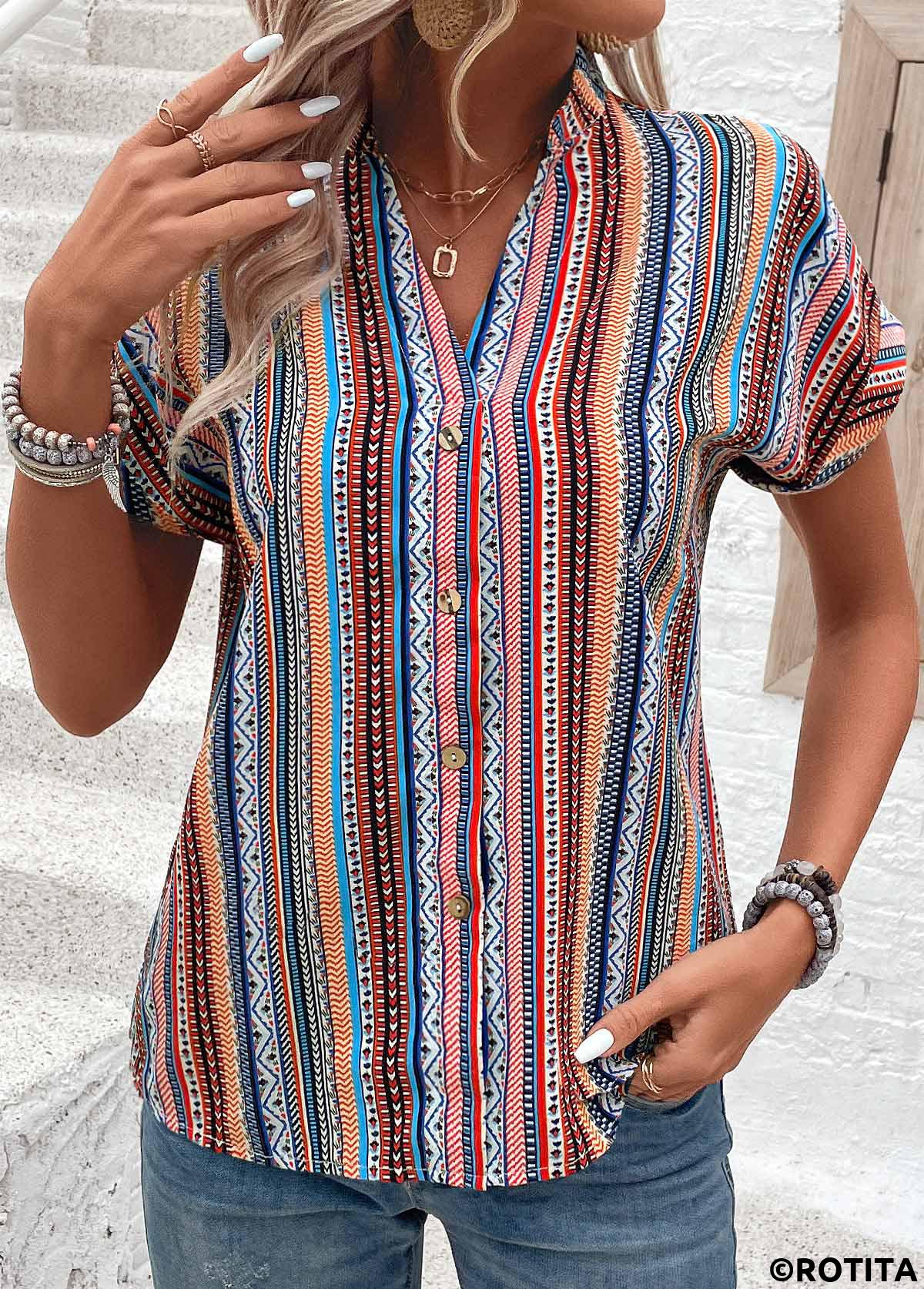chemisier multicolore à col en V et imprimé tribal à boutons