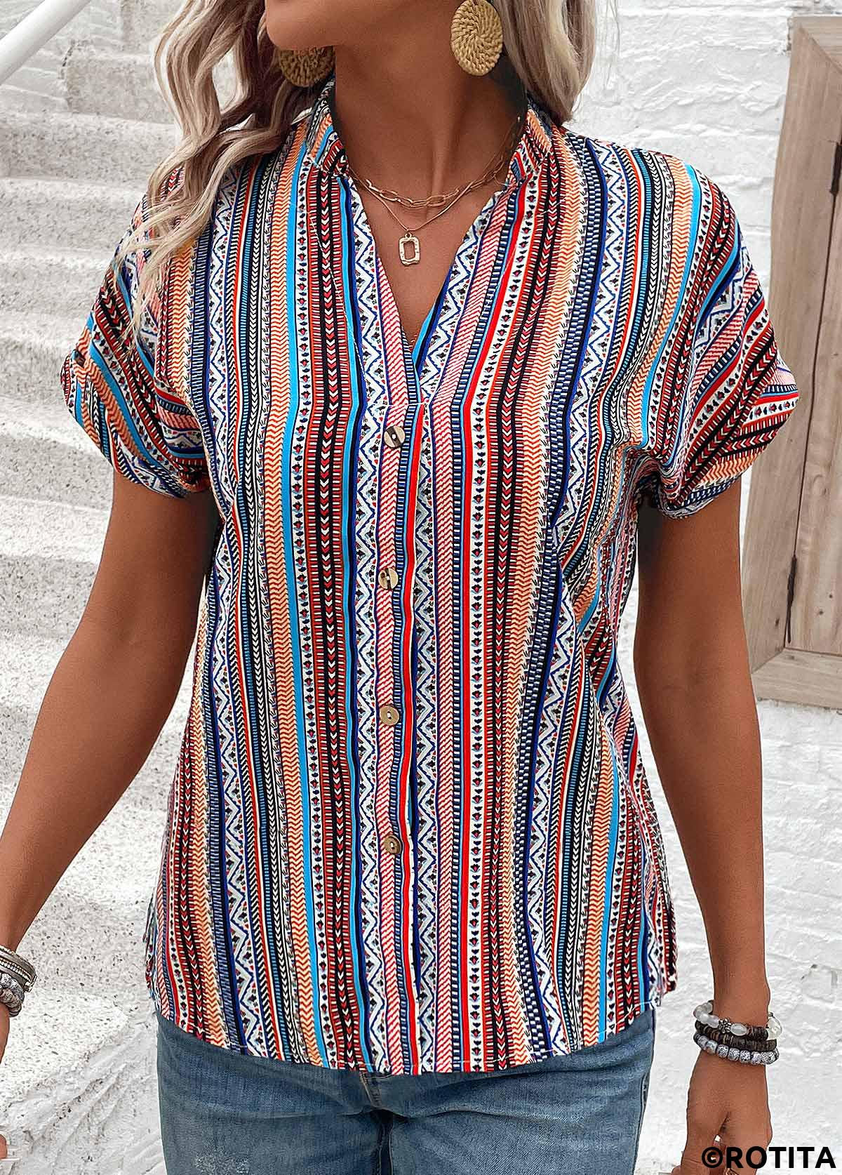 chemisier multicolore à col en V et imprimé tribal à boutons