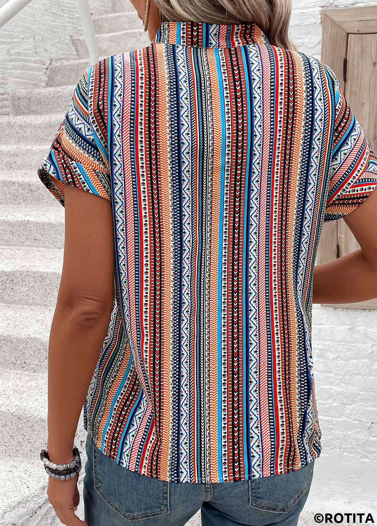 Button Tribal Print Multi Color V Neck Blouse