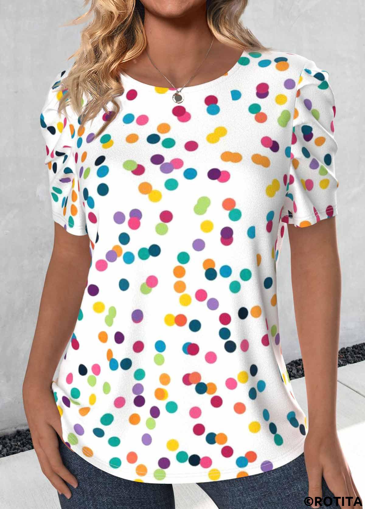 White tops,Dot tops,ROTITA Bowknot Polka Dot White Round Neck Short Sleeve Blouse